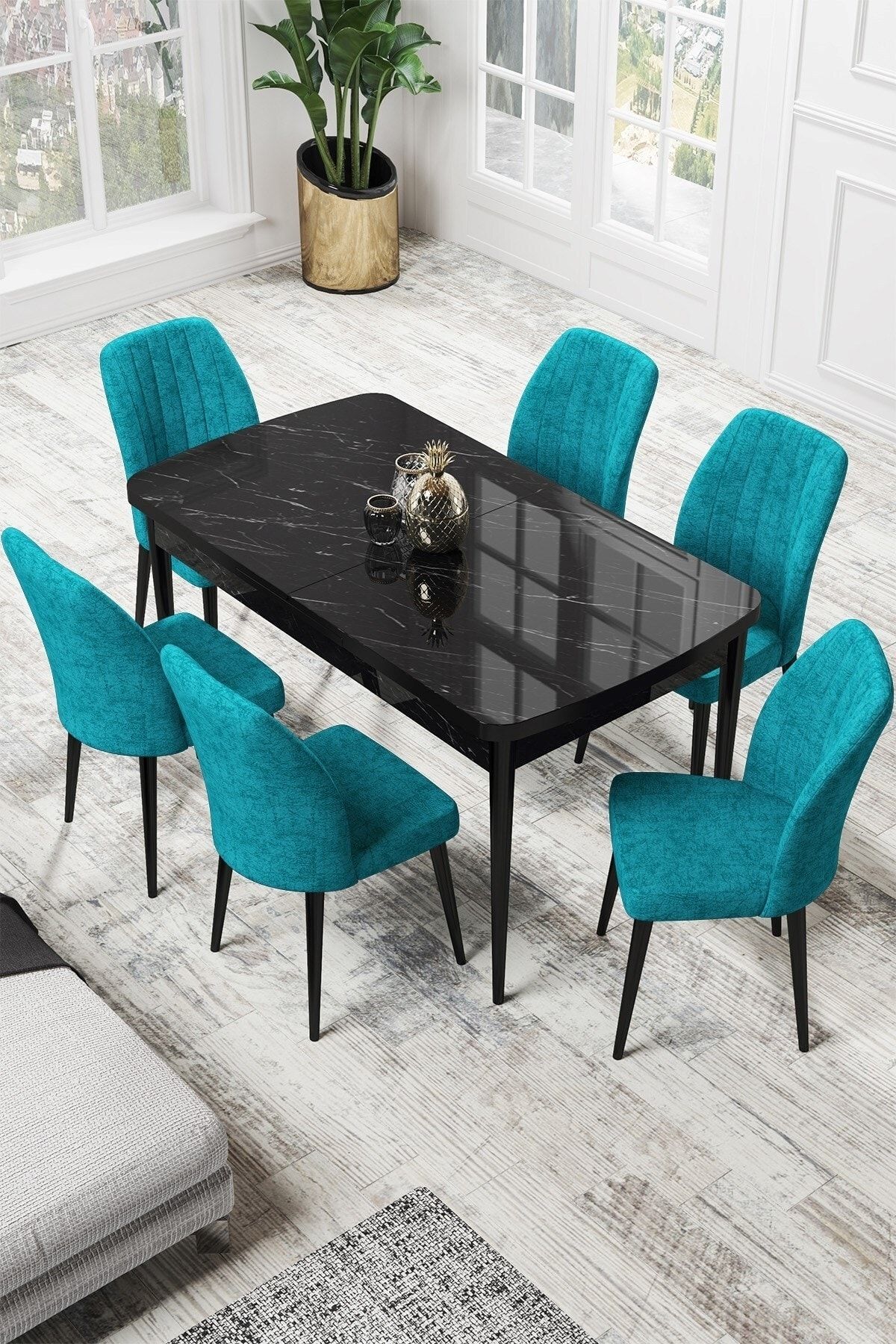 Canisa Par Serisi 70x114, Açılabilir Mdf Mutfak Masası Siyah Mermer Desen Masa Ve 6 Turkuaz Sandalye Takımı