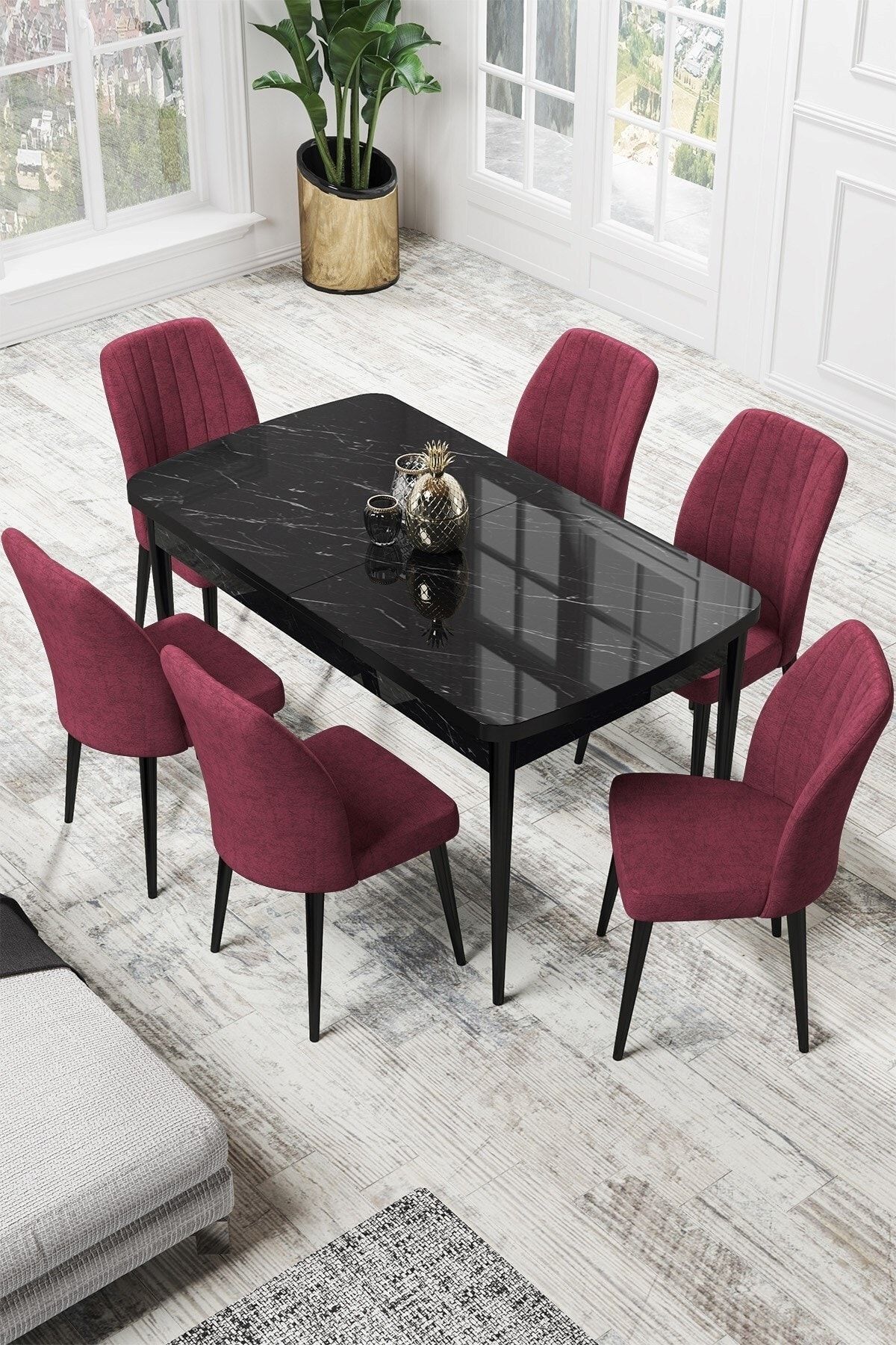 Canisa Par Serisi 70x114, Açılabilir Mdf Mutfak Masası Siyah Mermer Desen Masa Ve 6 Bordo Sandalye Takımı