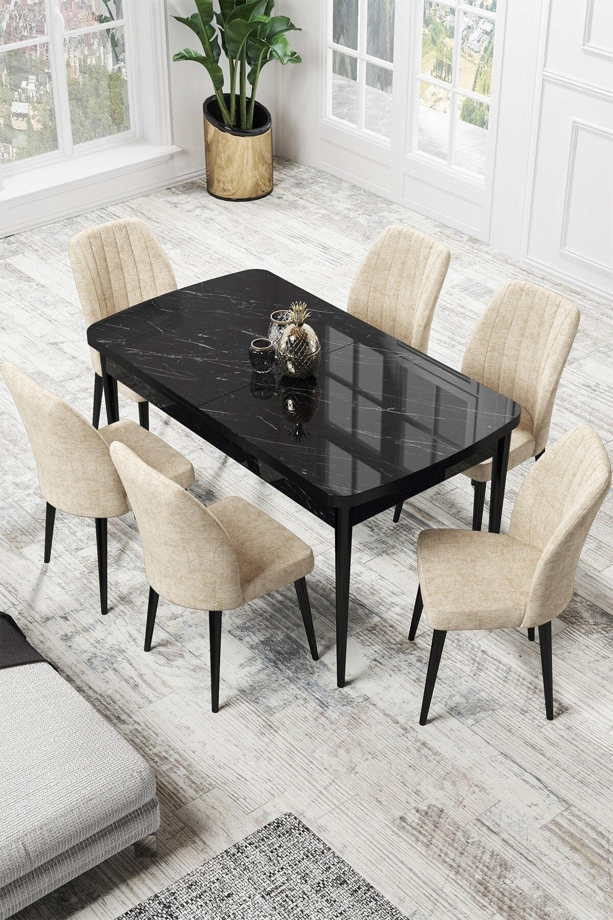 Canisa Par Serisi 70x114, Açılabilir Mdf Mutfak Masası Siyah Mermer Desen Masa Ve 6 Krem Sandalye Takımı