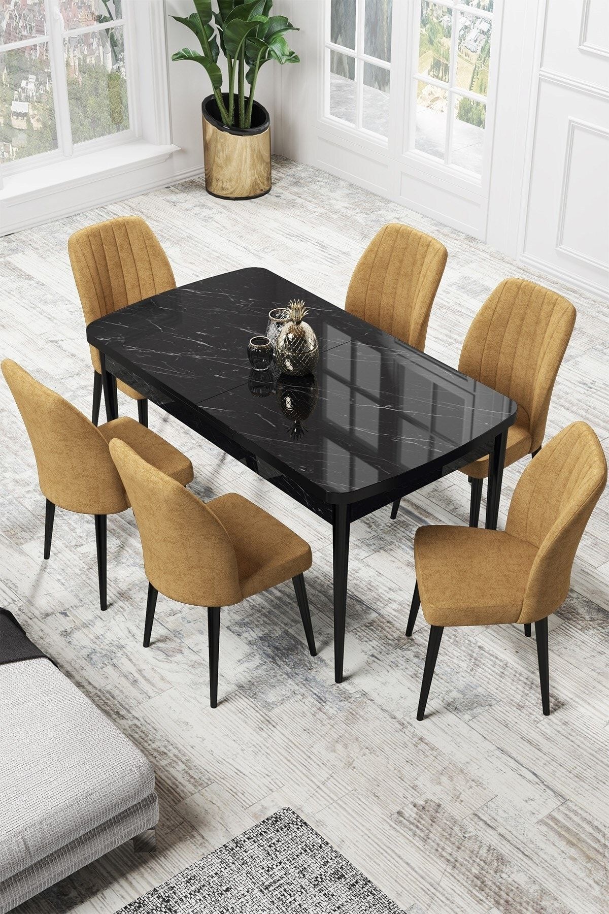 Canisa Par Serisi 70x114, Açılabilir Mdf Mutfak Masası Siyah Mermer Desen Masa 6 Cappucino Sandalye Takımı