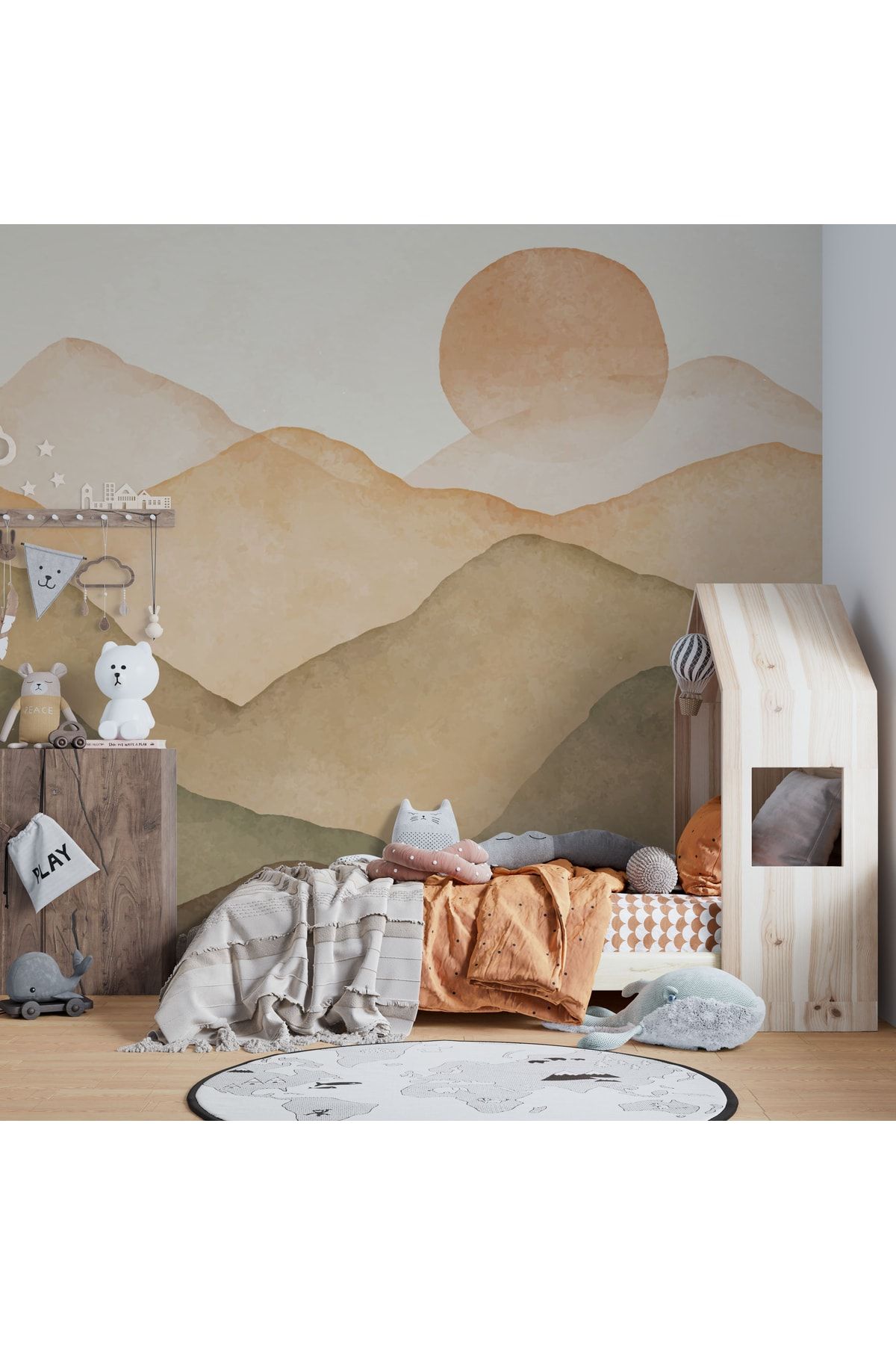 LOTUS AURA Sulu Boya Dağ Manzaralı Çocuk Odası Duvar Kağıdı, Gün Batımı Manzaralı Çocık Odası Duvar Resmi