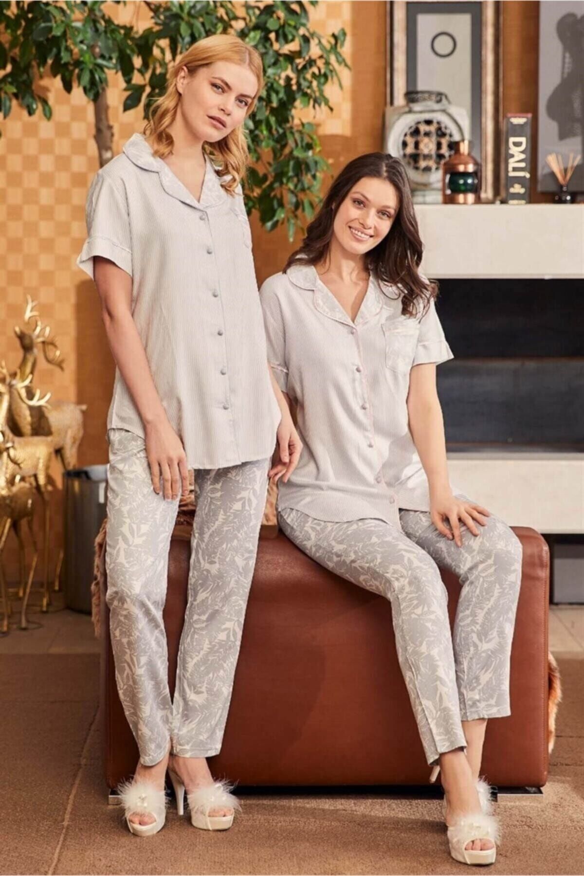 Mecit Pijama By Mecit 5144 Önden Düğmeli Kısa Kol Kadın Pijama Takımı