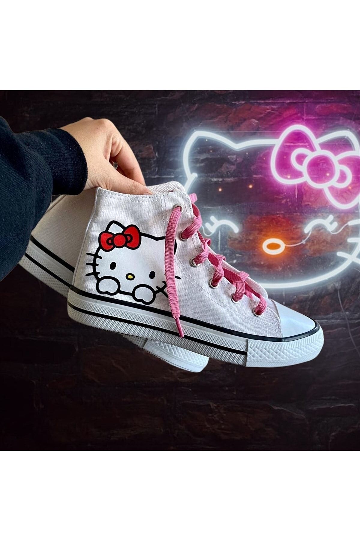 Genel Markalar Dompuleri Moda Hello Kitty Baskılı Beyaz Kanvas Ayakkabı
