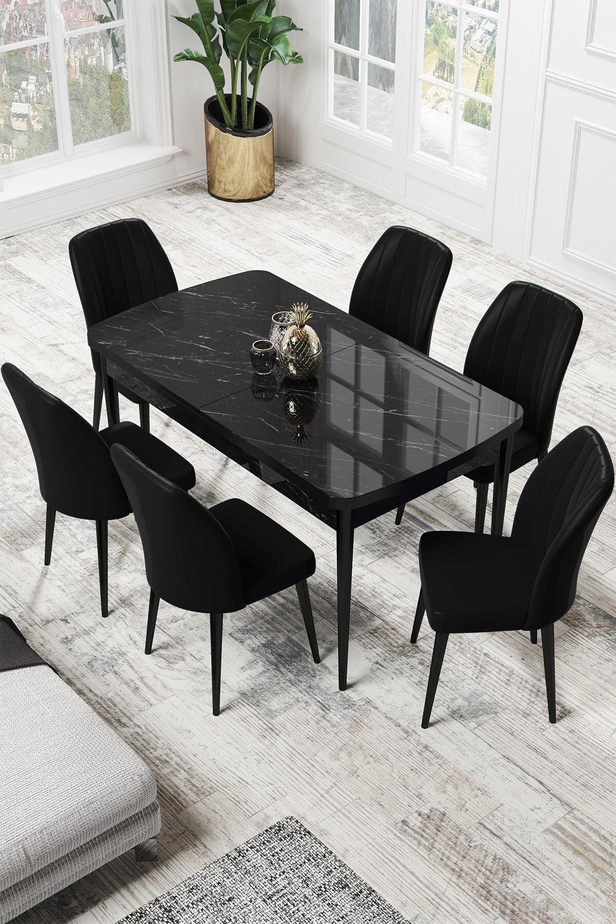 Canisa Par Serisi 70x114, Açılabilir Mdf Mutfak Masası Siyah Mermer Desen Masa Ve 6 Siyah Sandalye Takımı