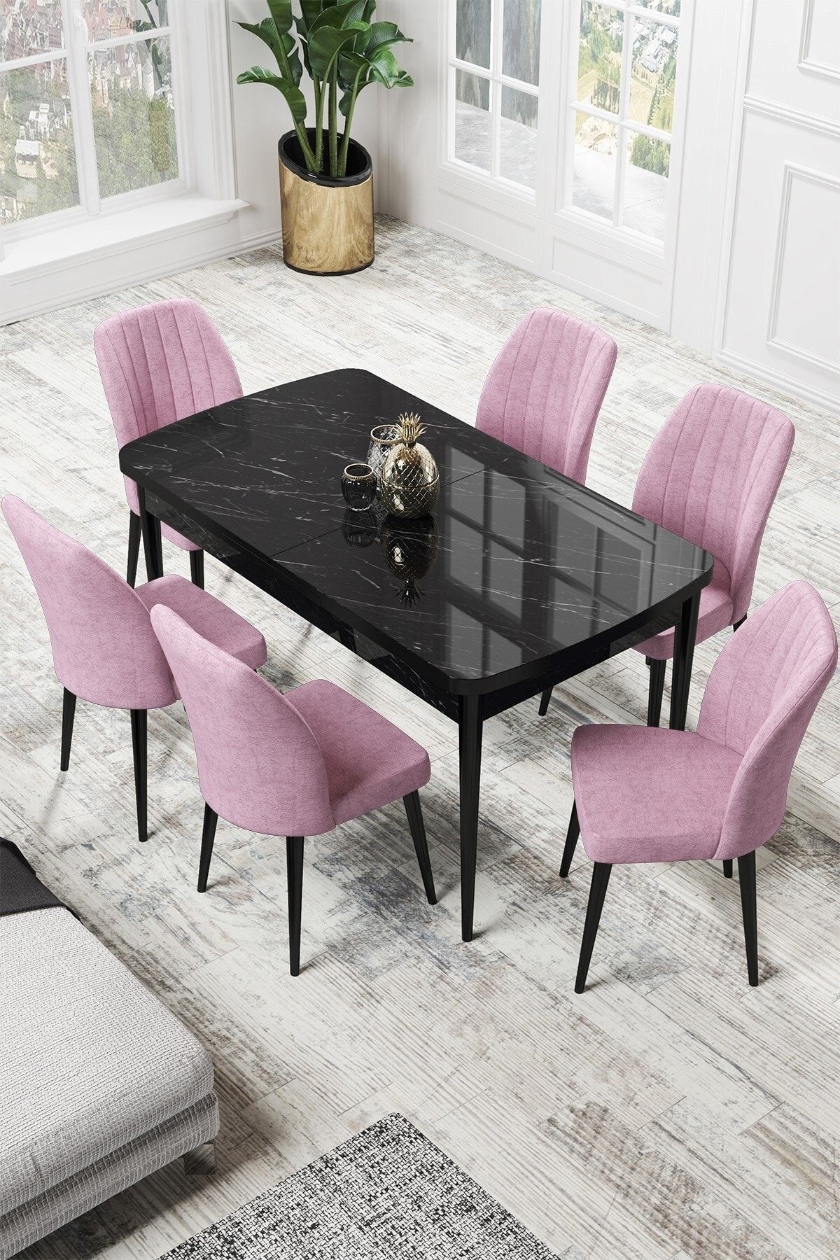 Canisa Par Serisi 70x114, Açılabilir Mdf Mutfak Masası Siyah Mermer Desen Masa Ve 6 Pembe Sandalye Takımı