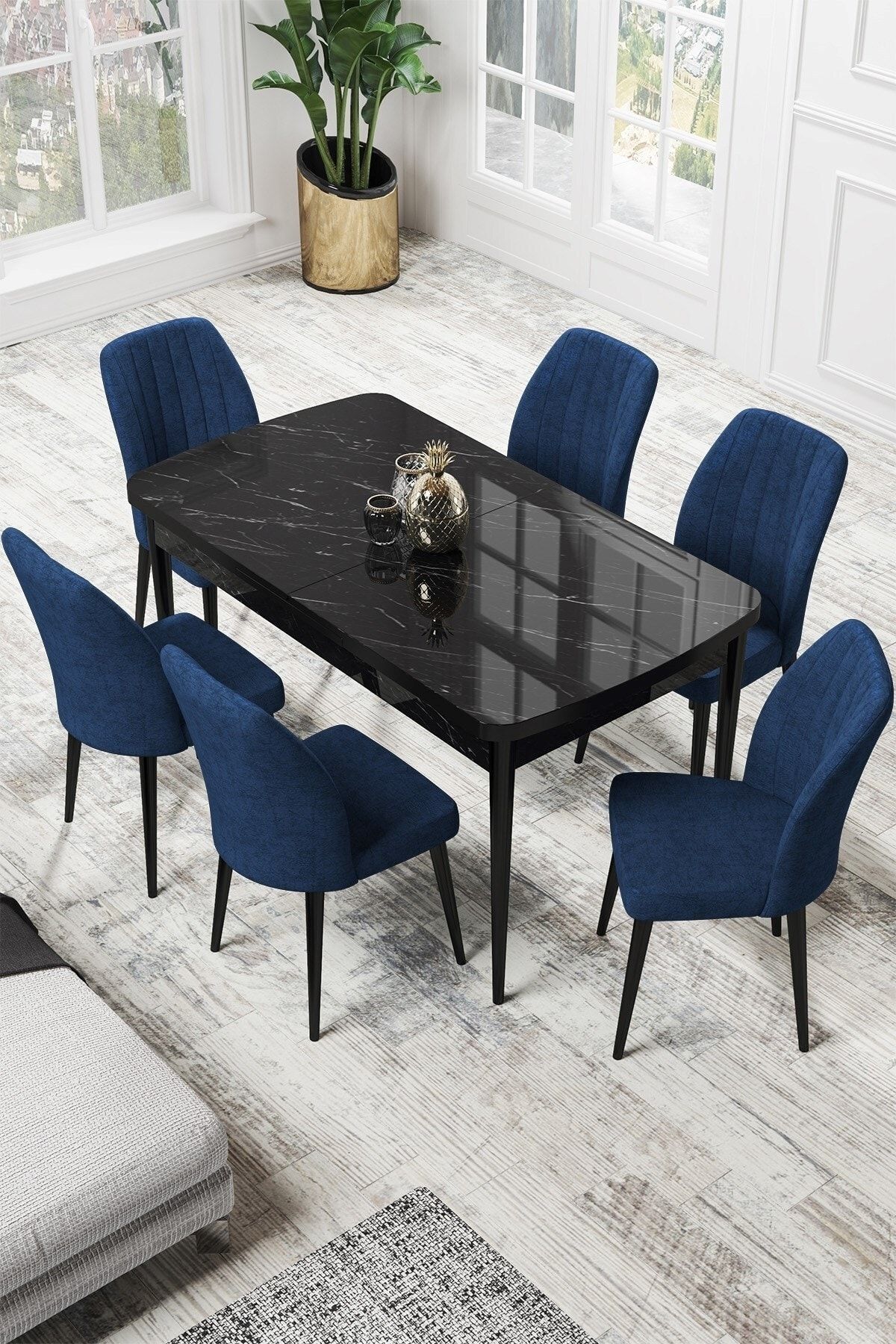 Canisa Par Serisi 70x114 Açılabilir Mdf Mutfak Masası Siyah Mermer Desen Masa Ve 6 Lacivert Sandalye Takımı