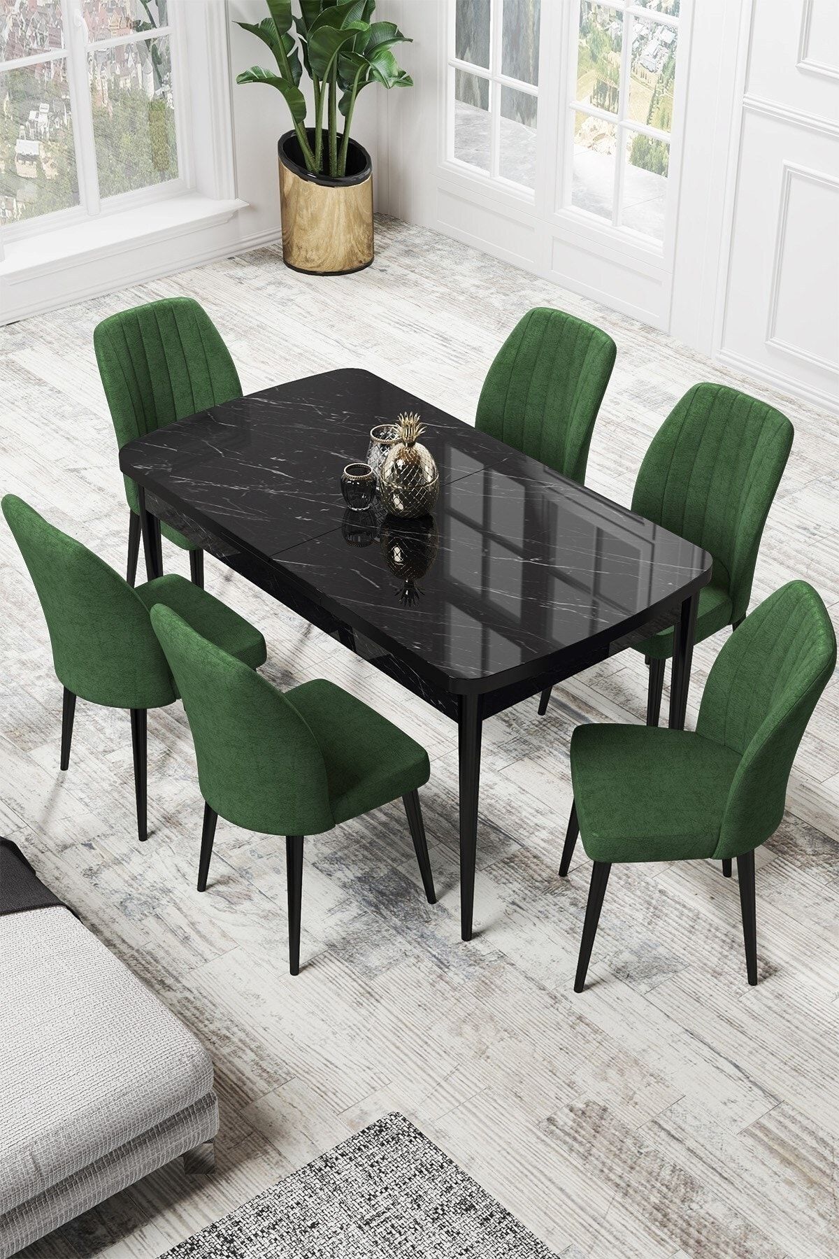 Canisa Par Serisi 70x114 Açılabilir Mdf Mutfak Masası Siyah Mermer Desen Masa 6 Haki Yeşili Sandalye Takımı