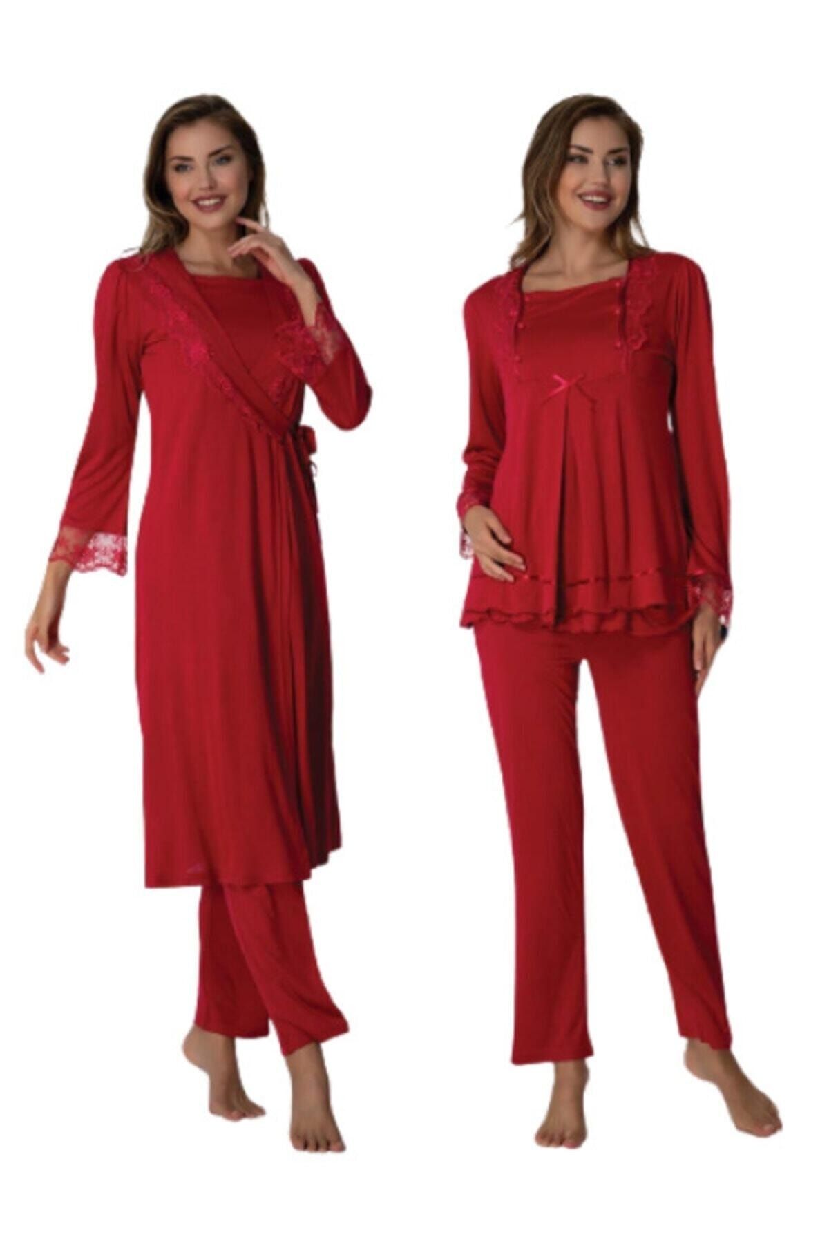 Effortt Kadın Kırmızı 2018 Sabahlıklı Lohusa Pijama Takımı