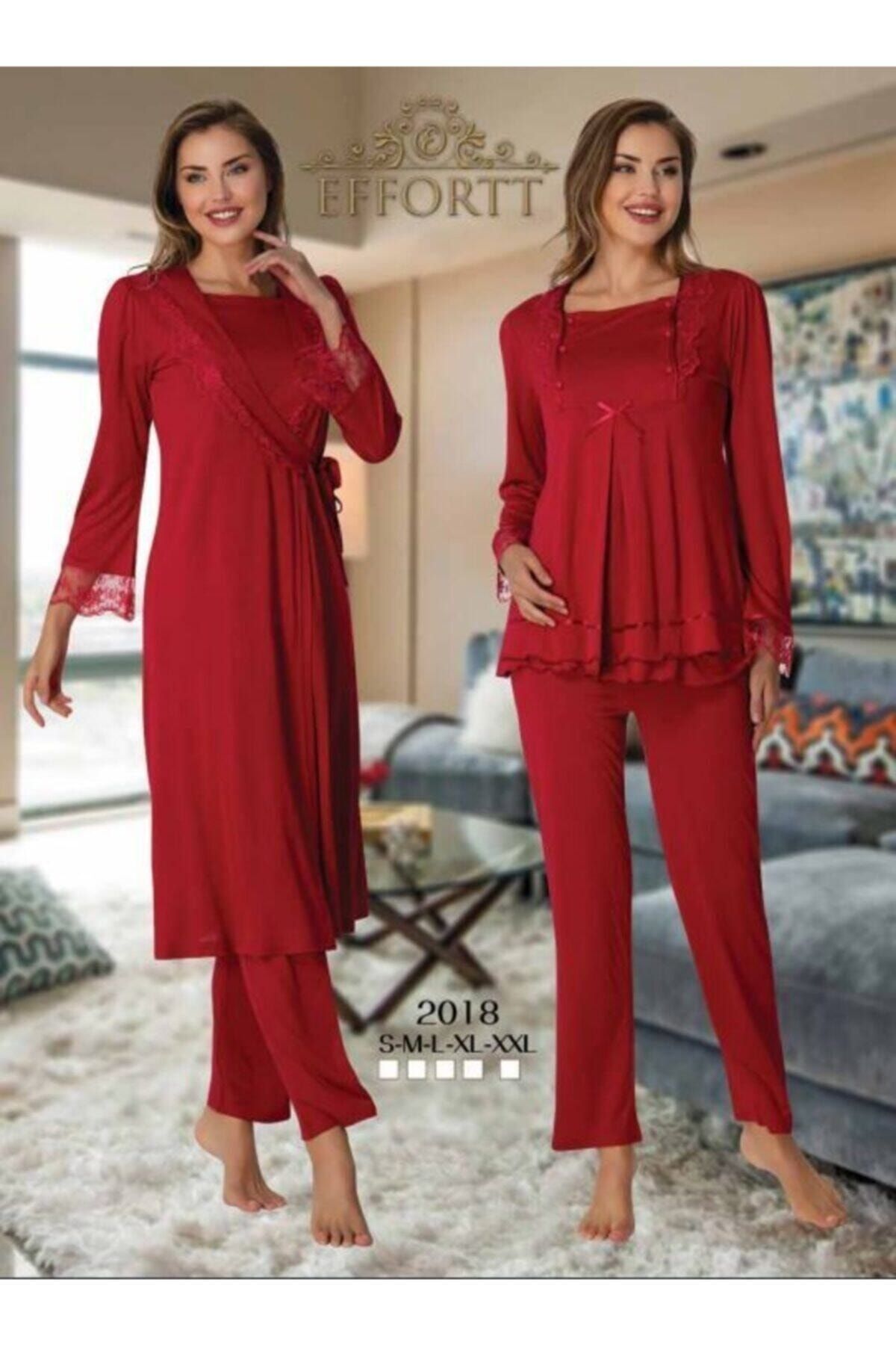 Effortt Kadın Hamile Lohusa Sabahlıklı Alt Üst Pijama Takımı 3lü Set Kırmızı