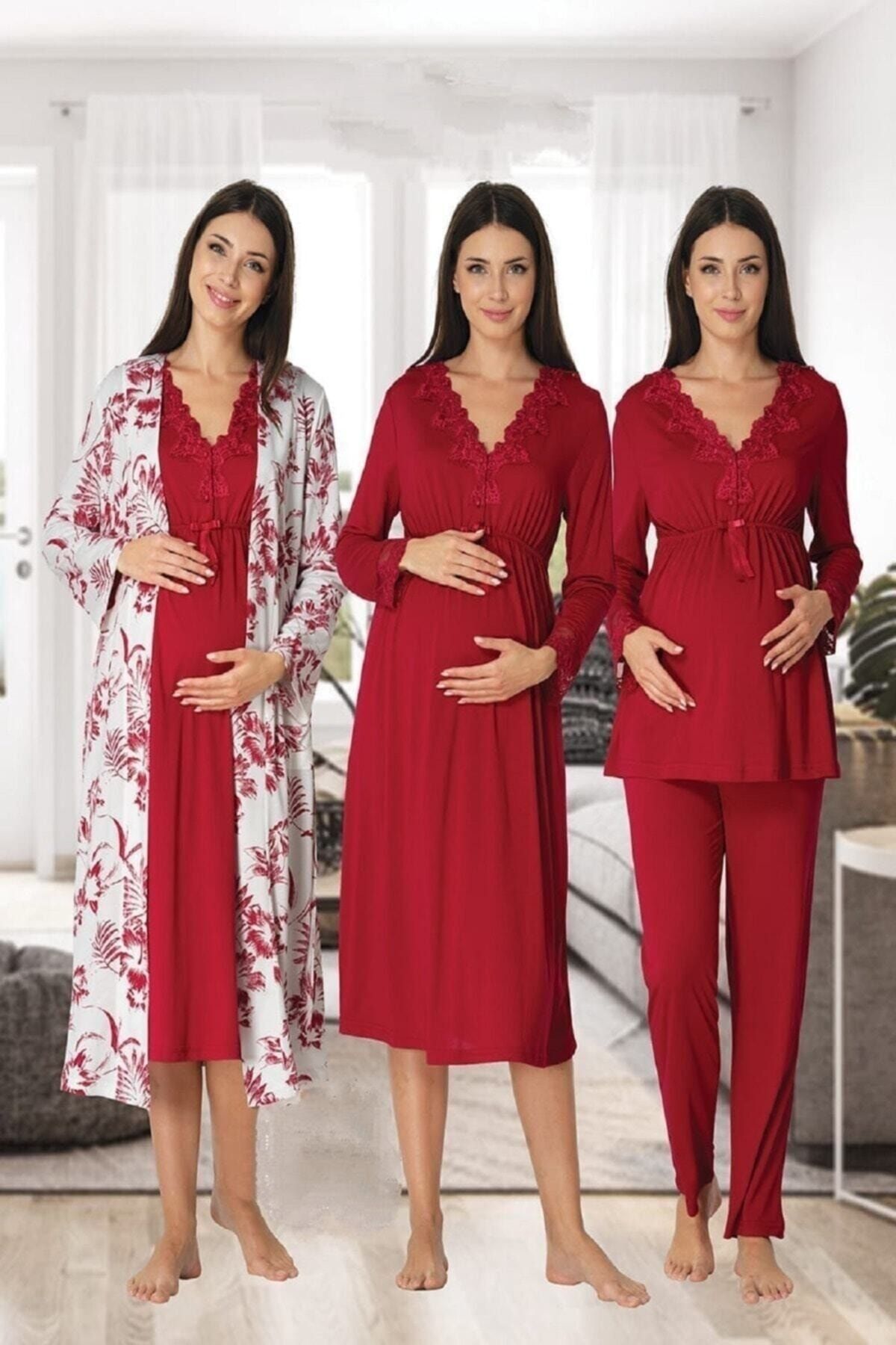Effort Pijama Zerre Bebe Kadın Vişne Uzun Kollu Pijama Takımı Gecelik Sabahlık Lohusa Hamile 4'lü Set