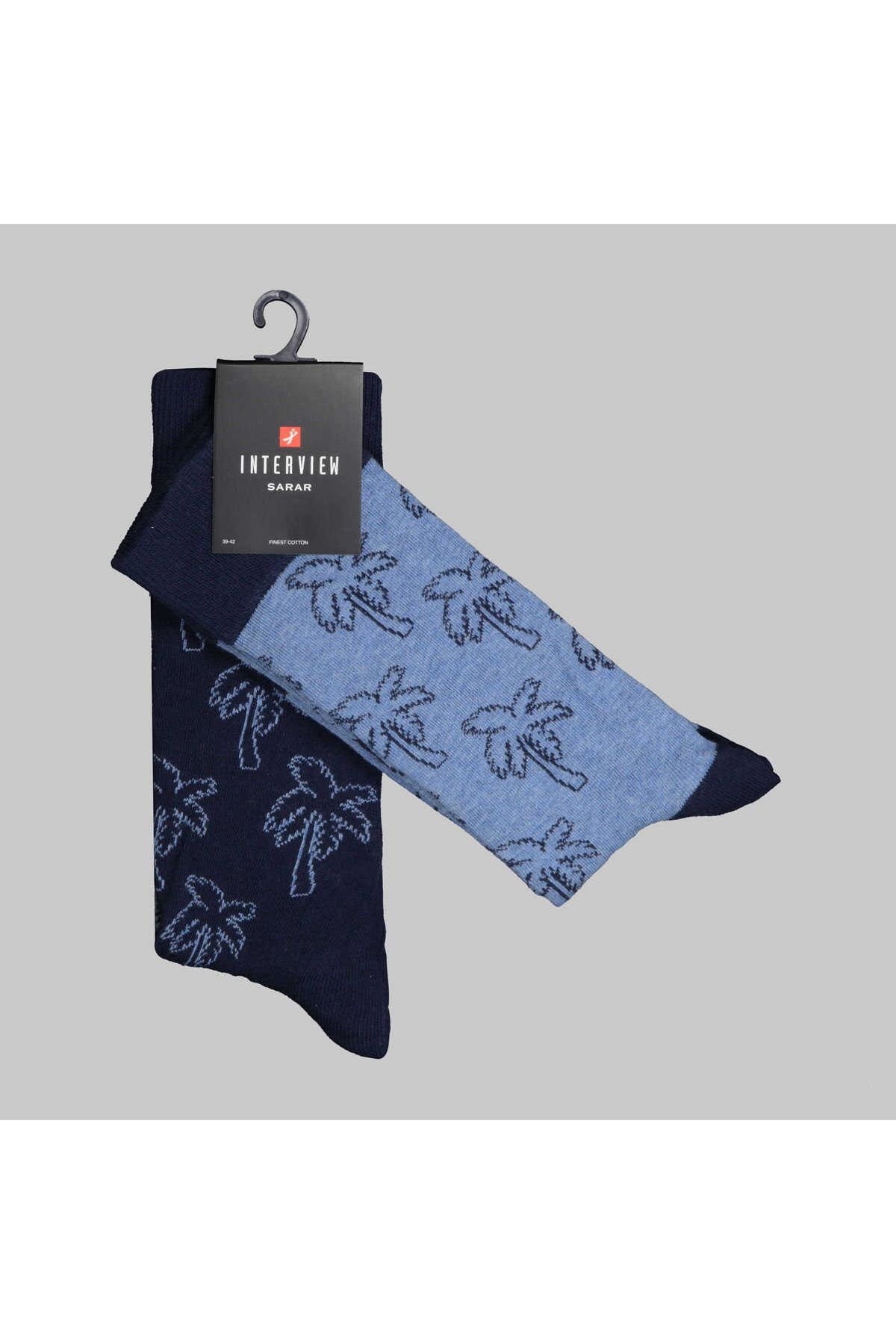 Sarar Palmiye Desen Lacivert Mavi 2'li Çorap