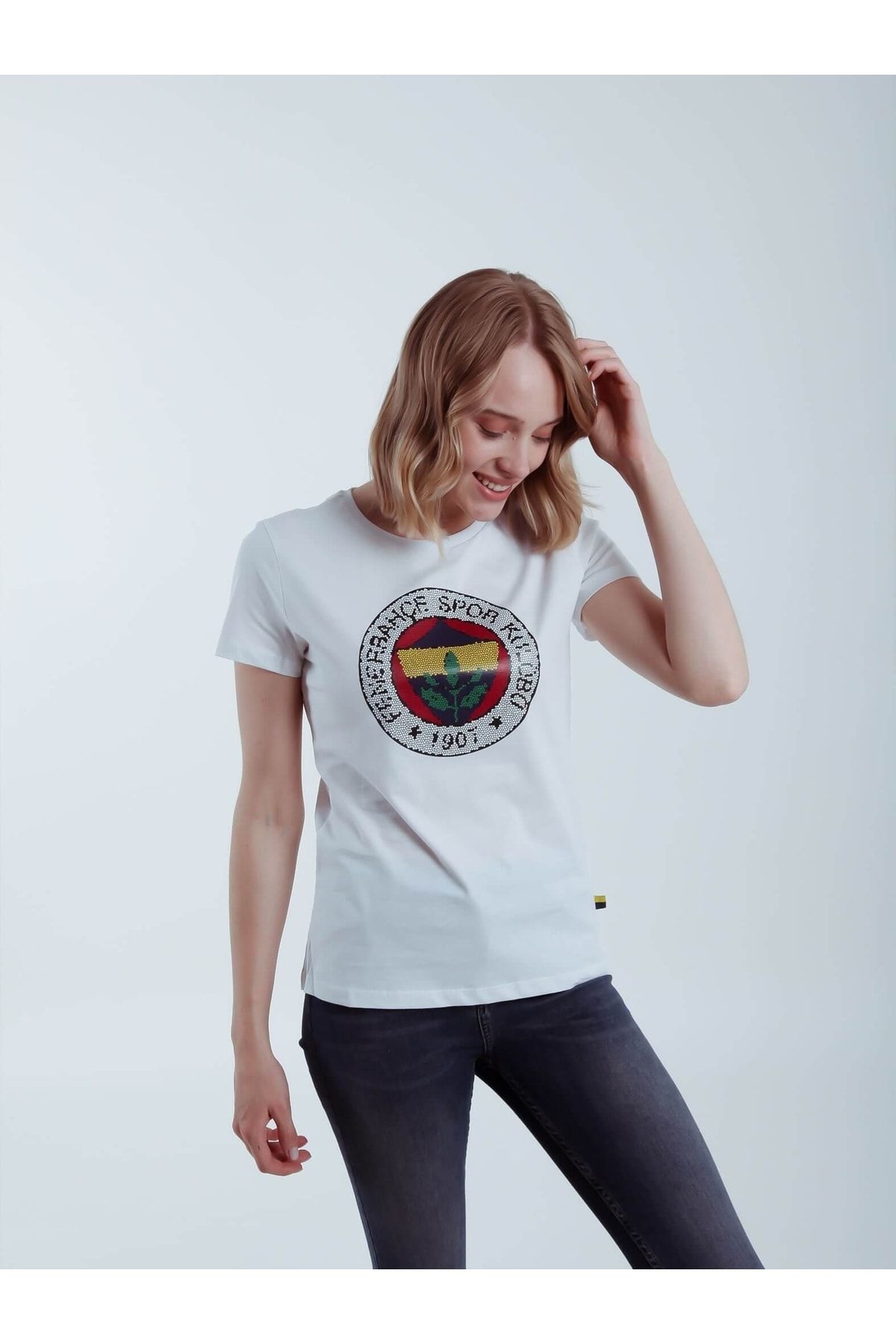 Fenerbahçe Kadın Beyaz Mozaik Logo Baskı T-shirt
