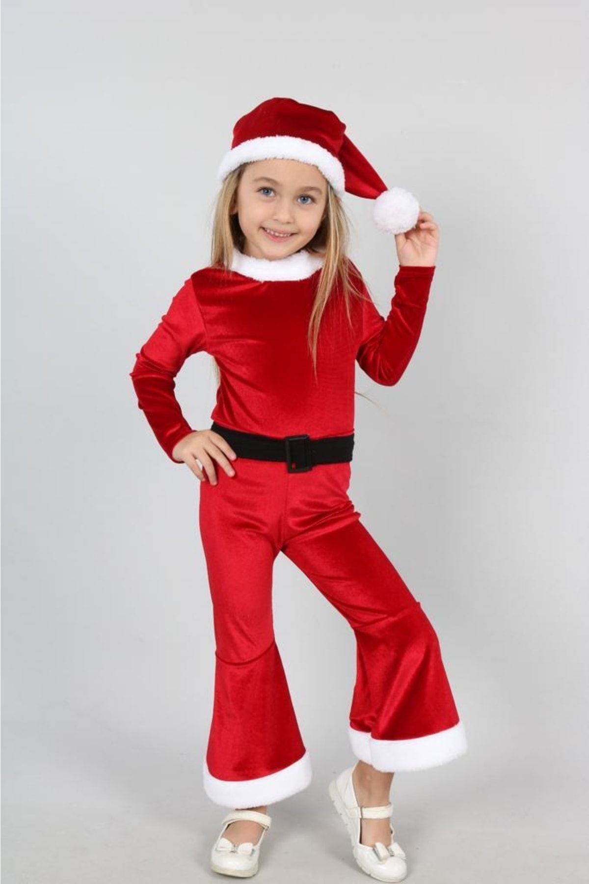 My Kids Wear Işıltılı Boneli Ponponlu Kemerli Kadife Kız Çocuk Noel Elbisesi