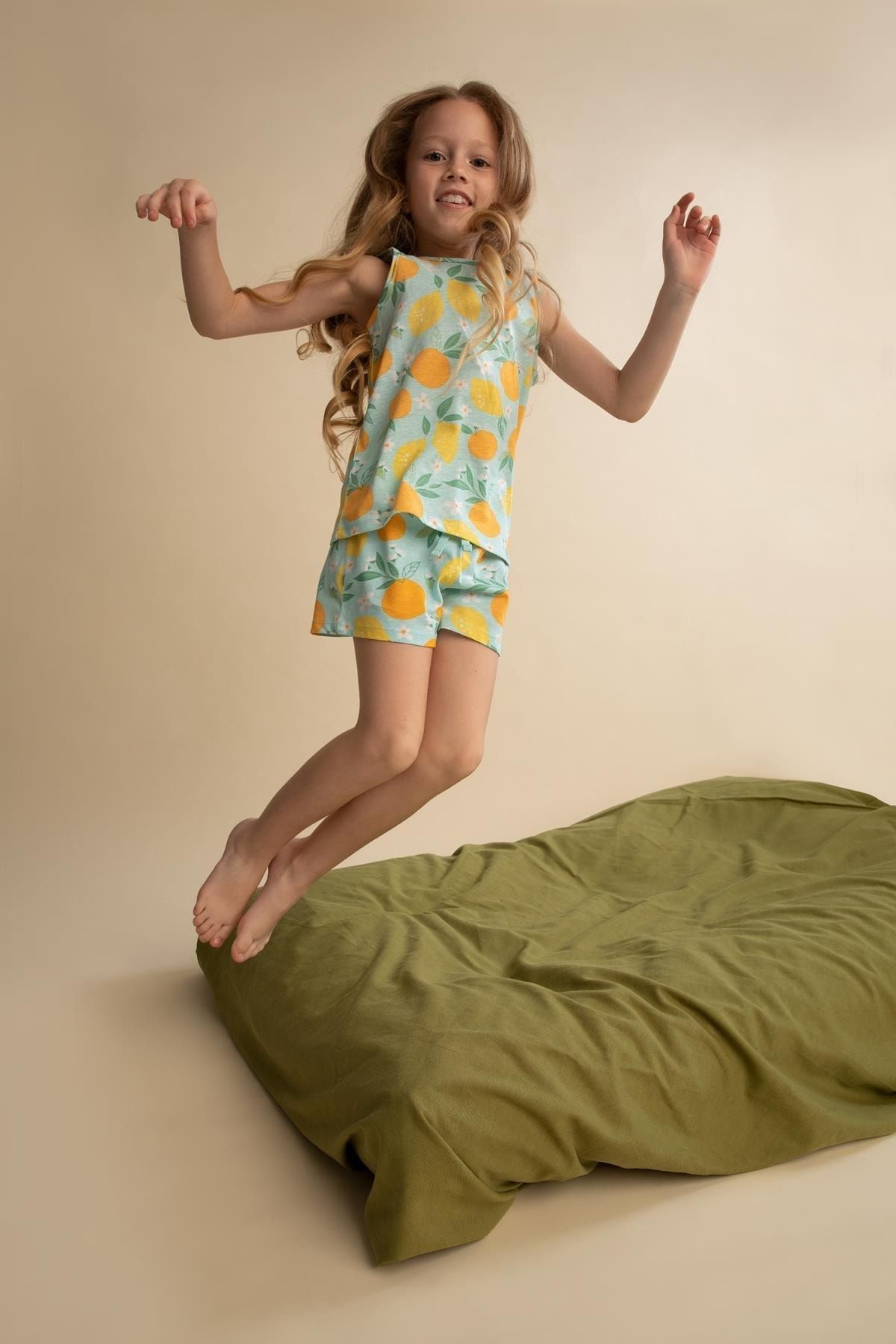 Defacto Kız Çocuk Desenli Pamuklu Kolsuz Atlet Şort Pijama Takım