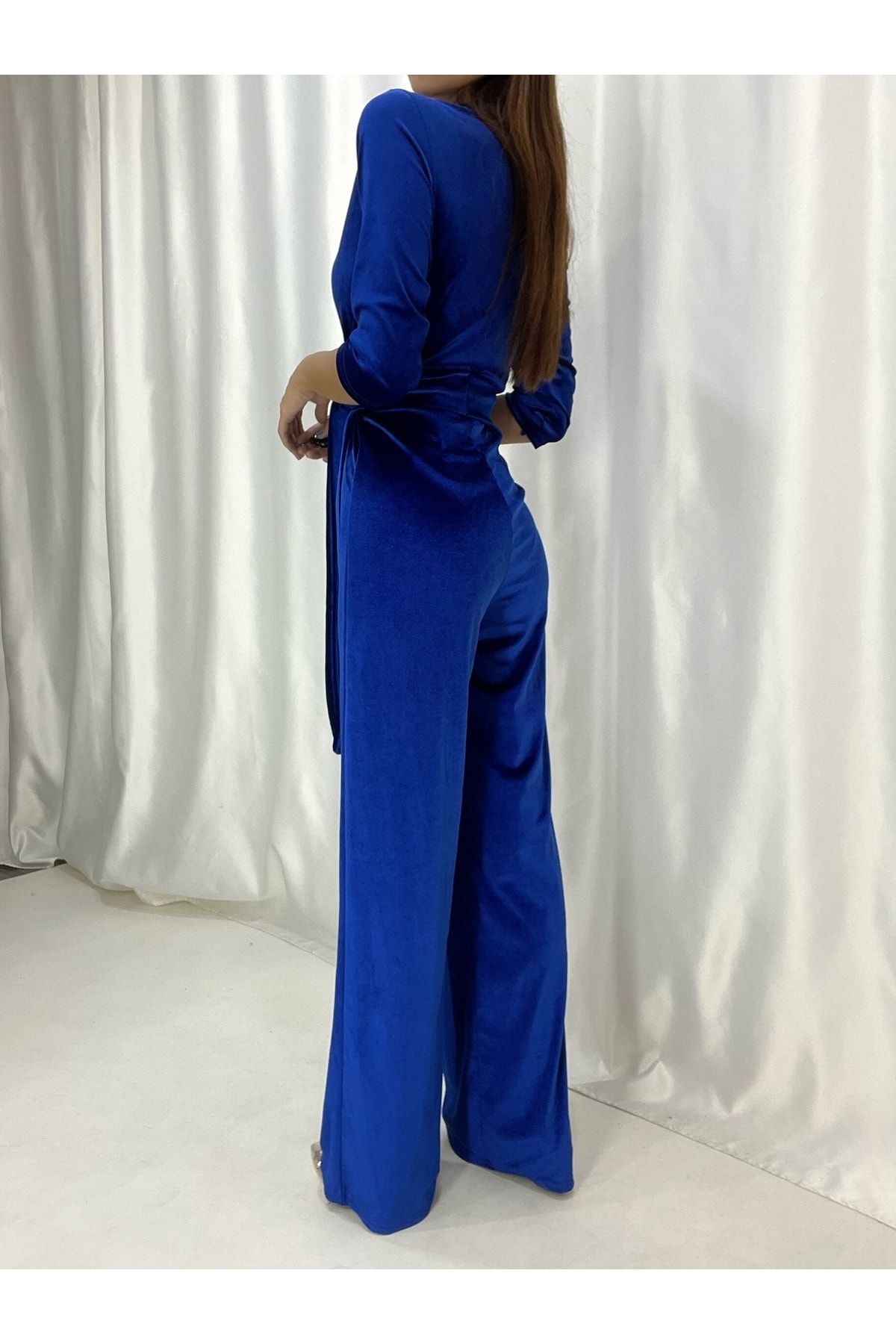 Genel Markalar Kadın Saks Mavi Bol Paça Kuşaklı Kadife Kumaş Tulum Elbise