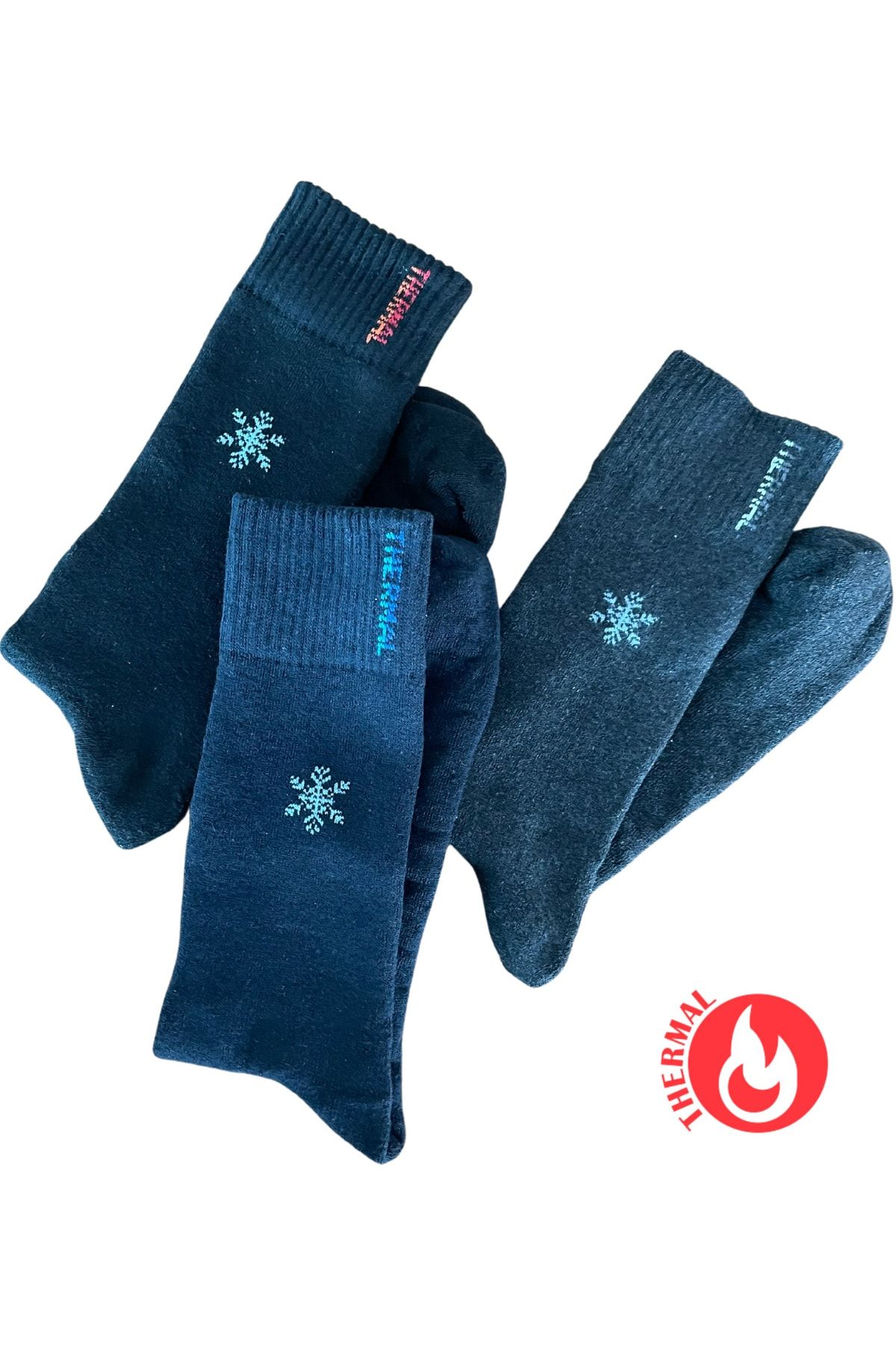 socksbox 3 Çift Uzun Konç Termal Dikişsiz Kışlık Çorap/siyah-lacivert-füme