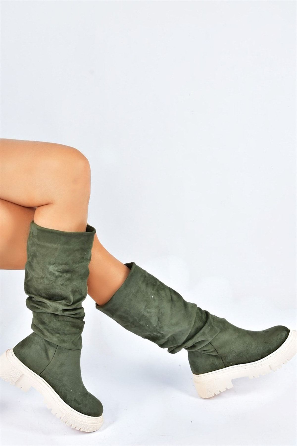 Fox Shoes Yeşil Süet Büzgülü Günlük Kadın Çizme L294100102