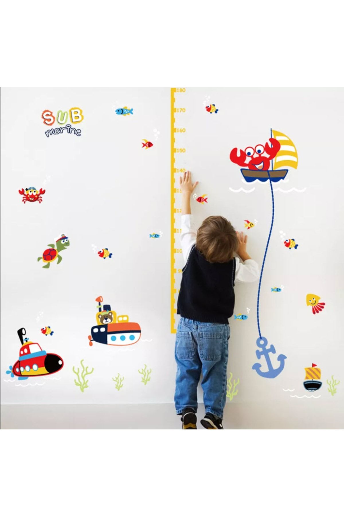 FioriStyle Denizaltı Yengeç Balık Ve Deniz Temalı Boy Ölçer Çocuk Odası Duvar Sticker Seti Dekoratif Duvar Süsü