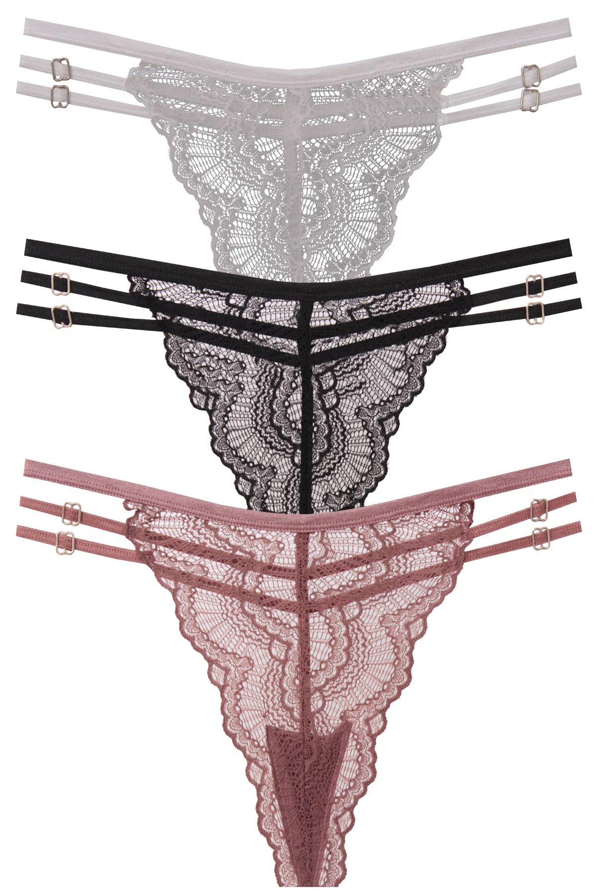 papatya lingerie 3''lü Kenarı Tokalı Arkası Ipli Dantelli Fantezi String