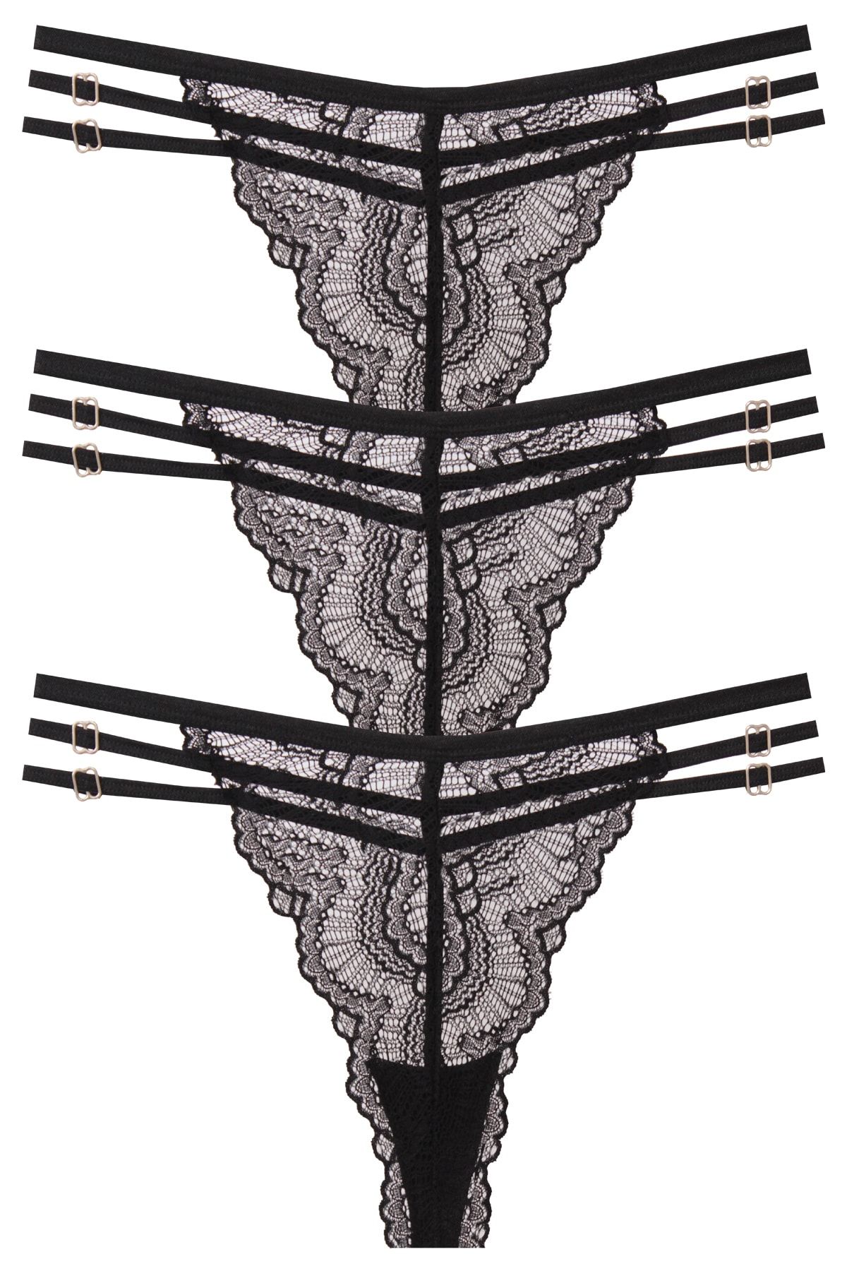 papatya lingerie 3''lü Kenarı Tokalı Arkası Ipli Dantelli Fantezi String