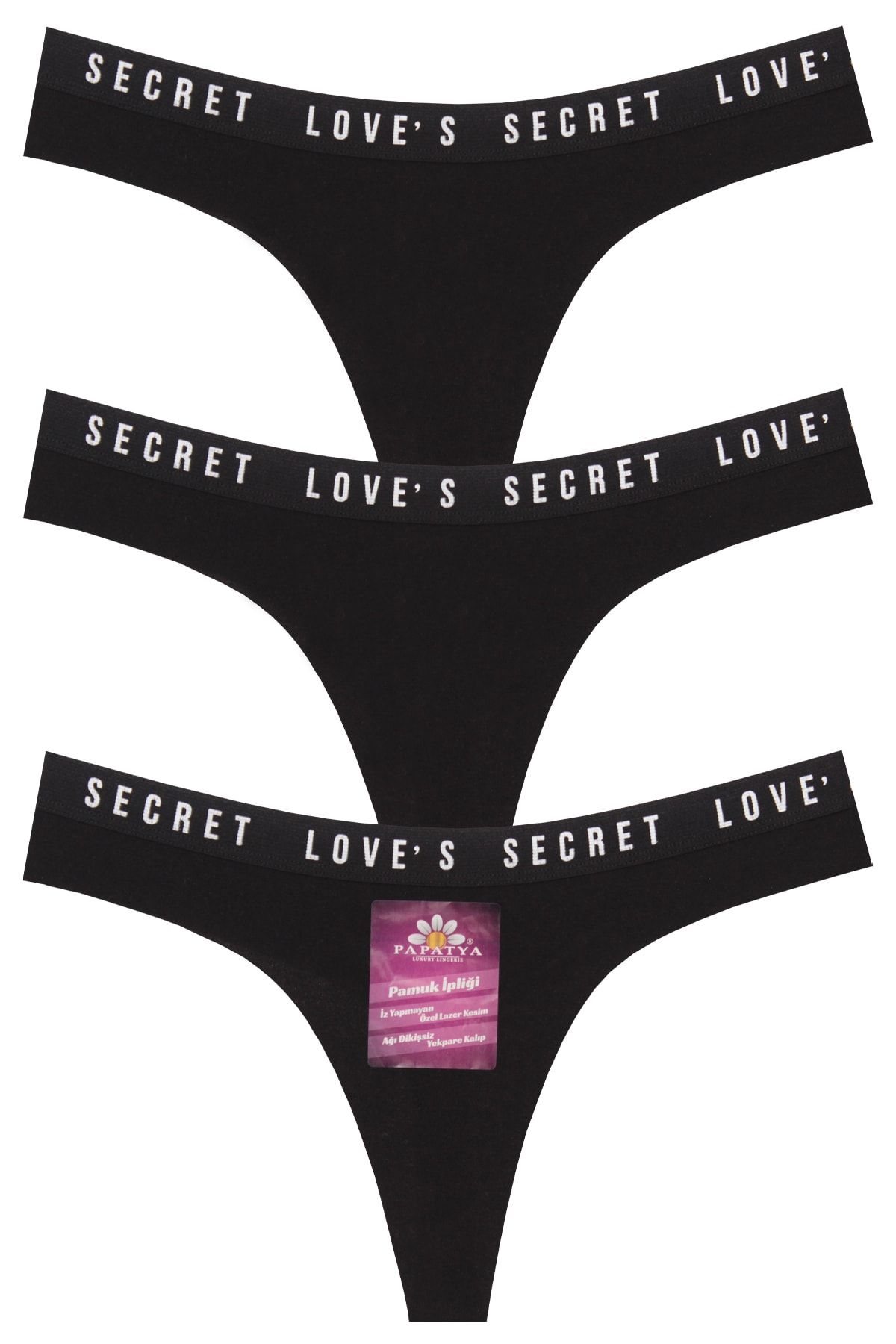 papatya lingerie 3''lü Lazer Kesim Love Secret Lastik Baskılı String