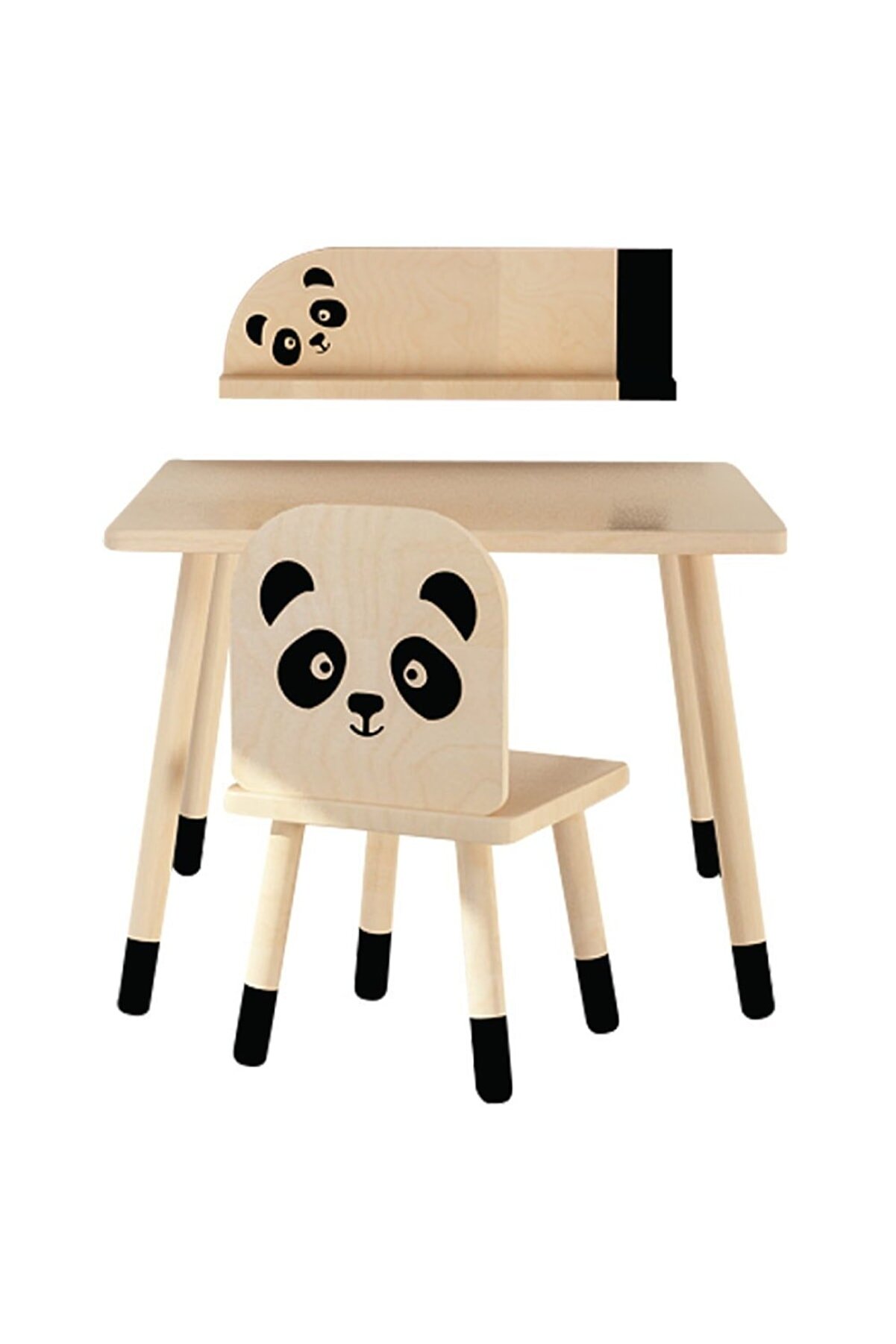 Doğal Kayın Ağacı Çocuk Aktivite Masa Sandalye Ve Raf Takımı - Panda - Sade Ahşap_3