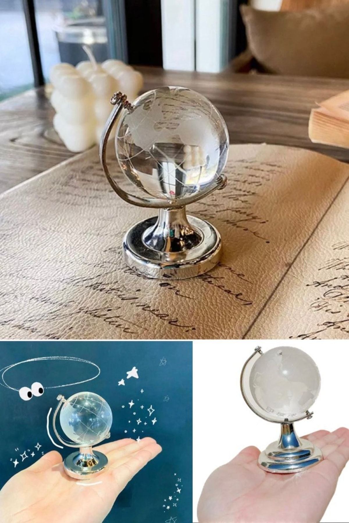 Utelips Mini Jumbo Küçük Boy Gümüş Yuvarlak Dünya Küre Dünya Haritası Kristal Cam Şeffaf Hediyelik Masa Üstü