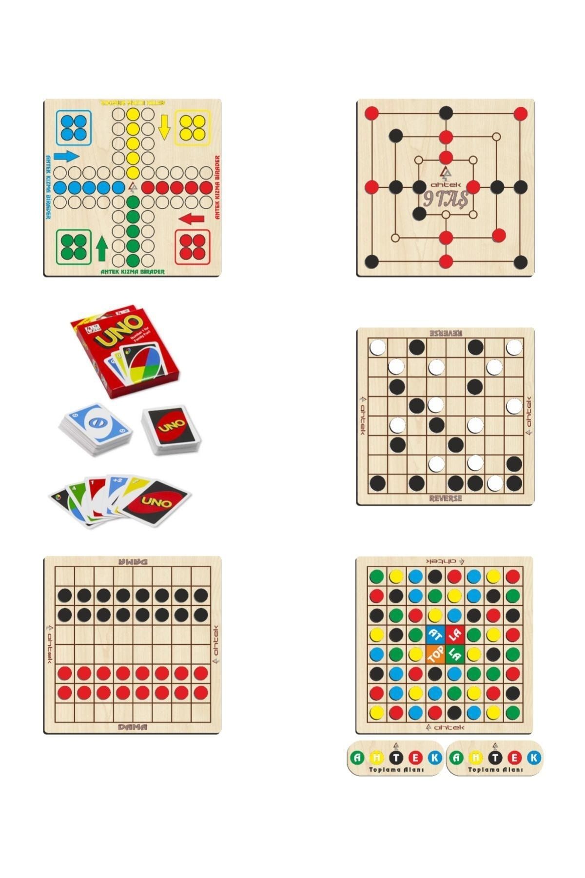 Ahtek Ahşap Zeka Oyun Seti 6 Lı, 9 Taş + Dama + Atla Topla + Kızma Birader + Reversi Ve Uno Oyun Kartları