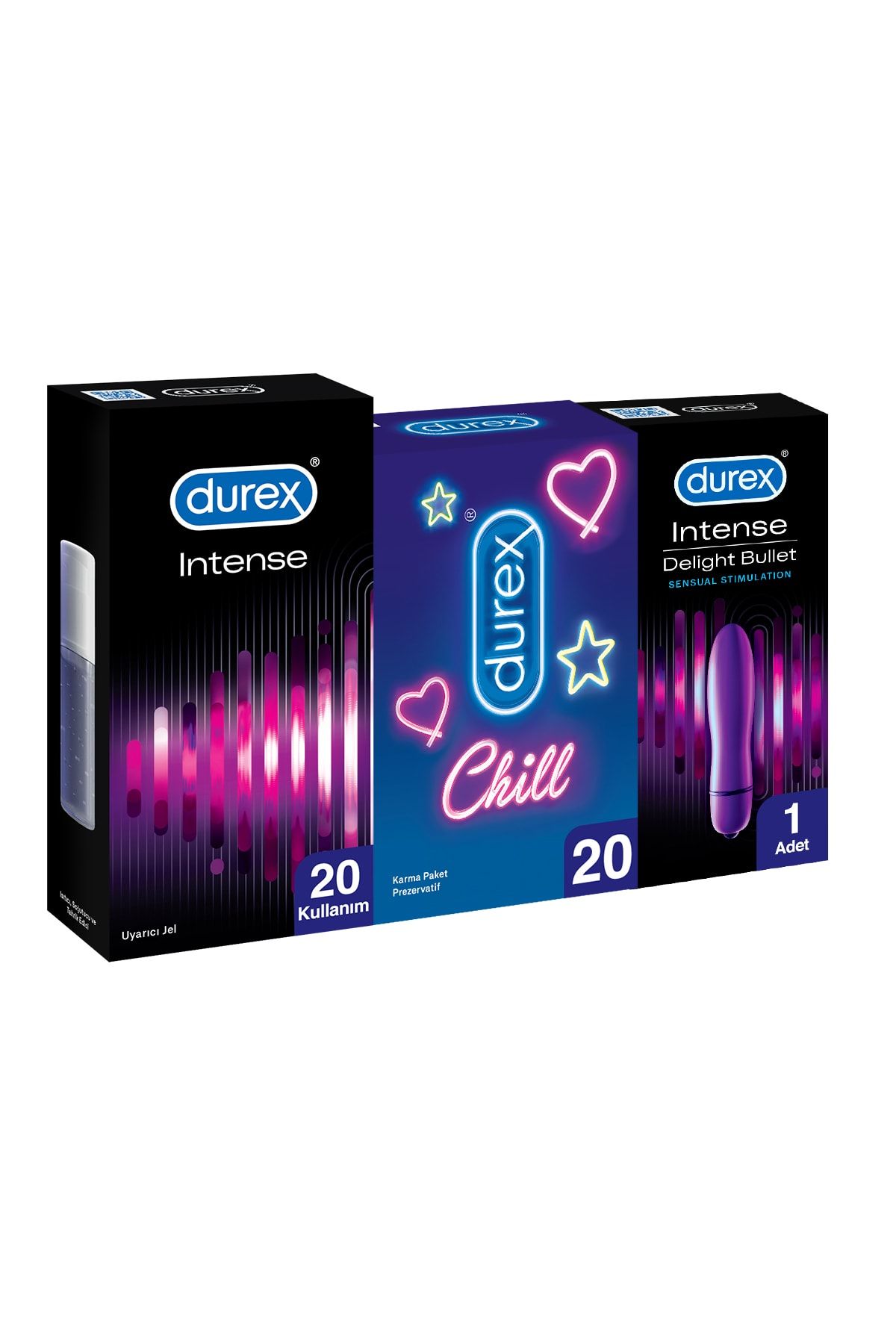 Durex Chill Prezervatif 20’li + Delight Bullet Titreşimli Vibratör +ıntense Uyarıcı Jel, 10 ml
