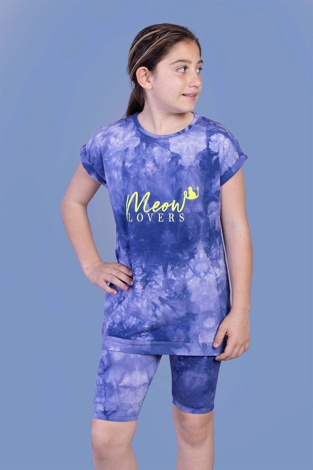 Toontoy Kız Çocuk Lacivert Batik Desenli Baskılı Taytlı Takım