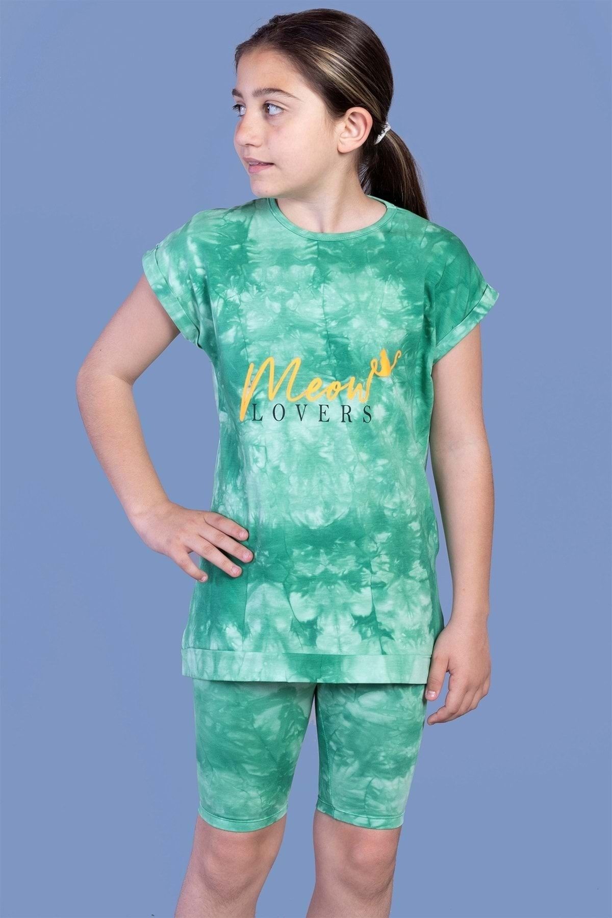 Toontoy Kız Çocuk Yeşil Batik Desenli Baskılı Taytlı Takım