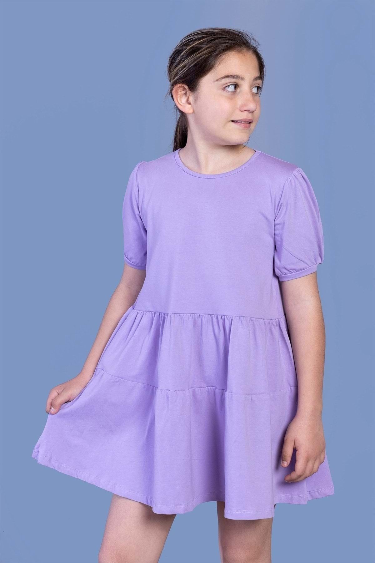 Toontoy Kız Çocuk Lila  Büzgülü Balon Kol Elbise