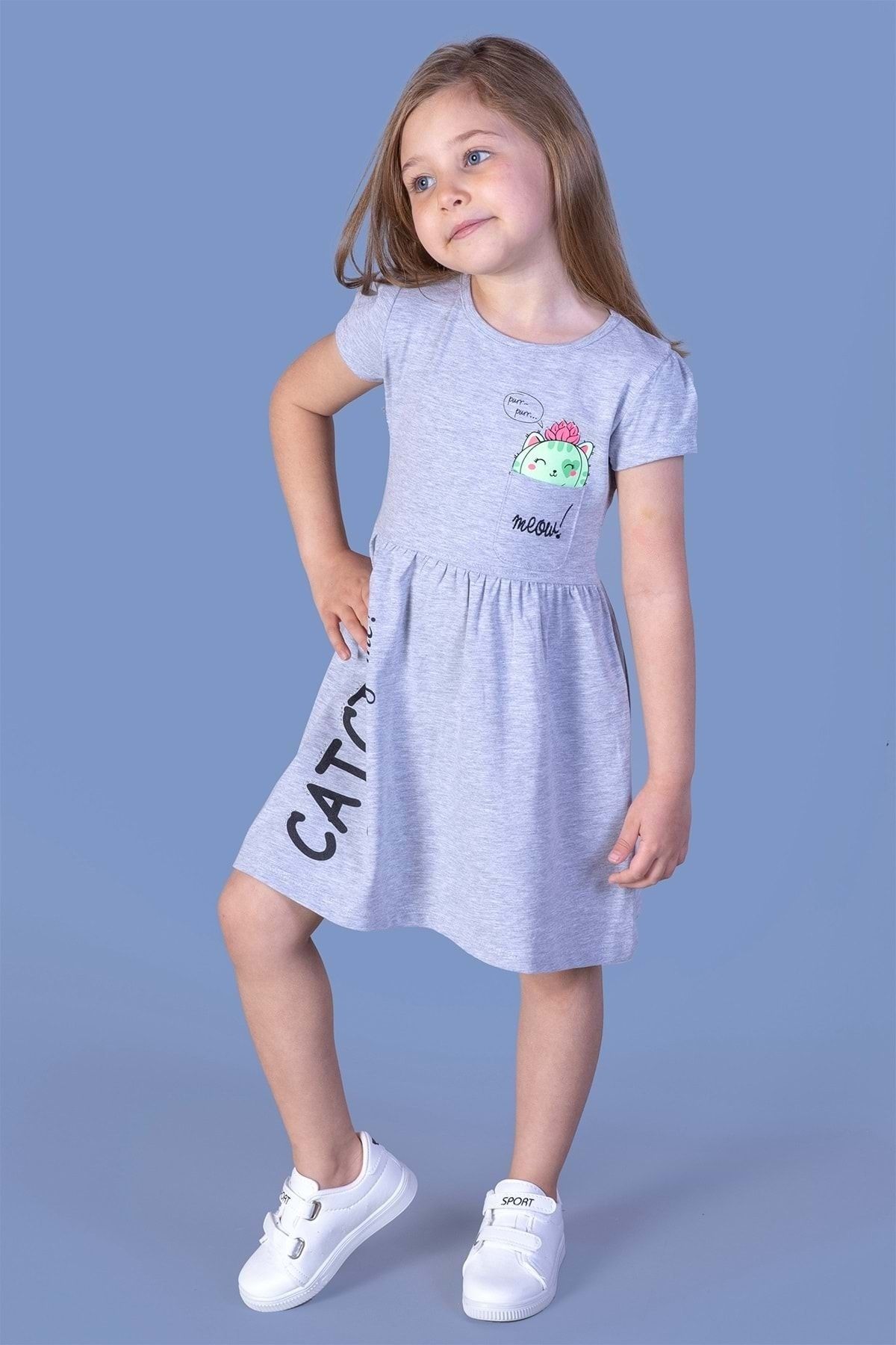 Toontoy Kız Çocuk Gri Cebi Meow Nakışlı Taş İşlemeli Baskılı Elbise