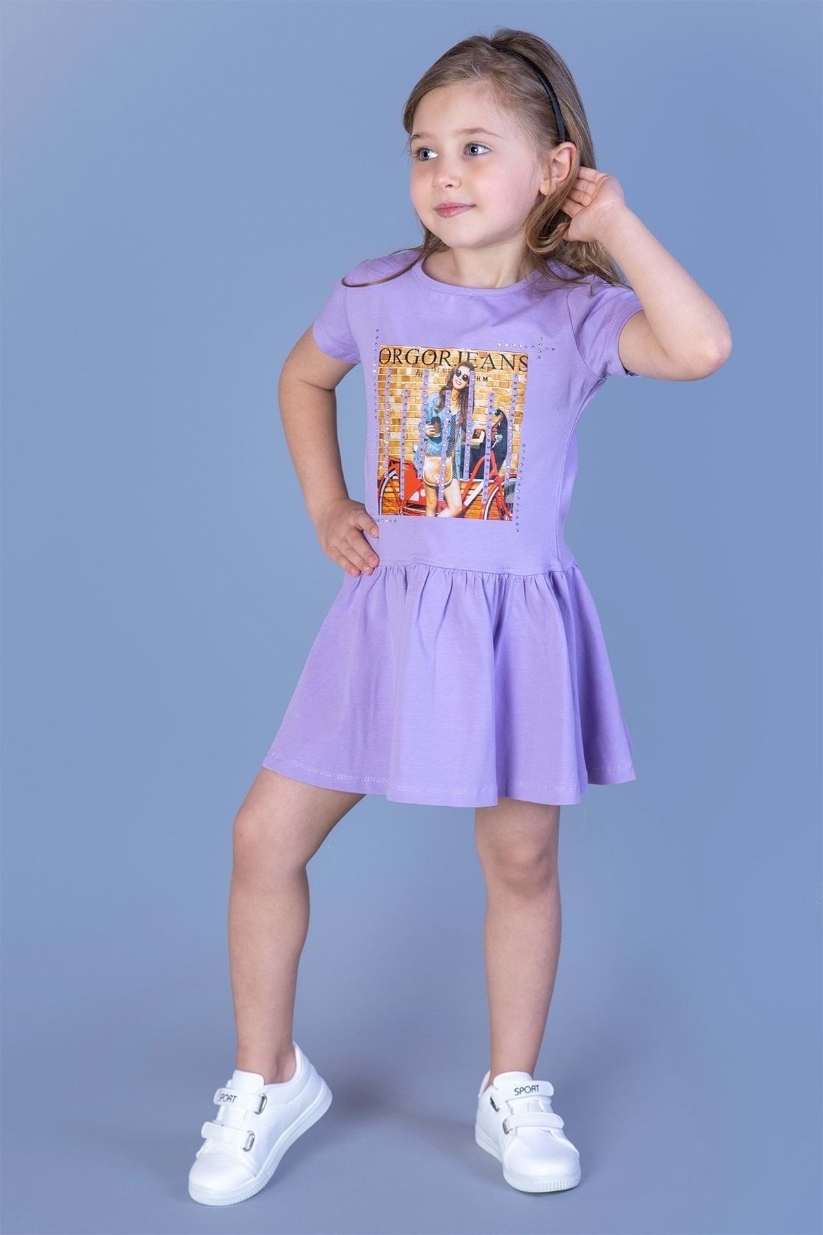 Toontoy Kız Çocuk Lila Dijital Baskılı Taş Işlemeli Elbise