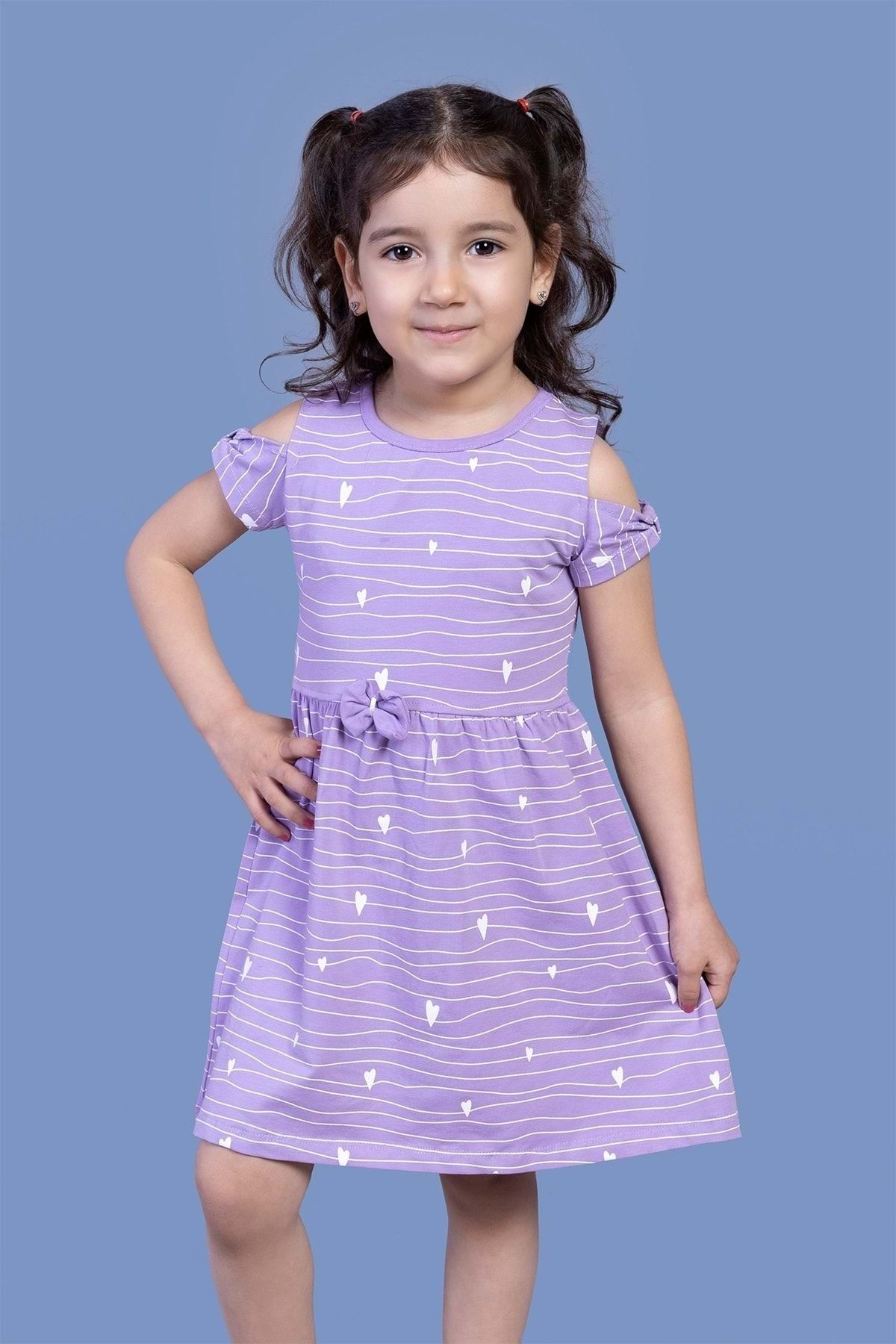 Toontoy Kız Çocuk Mor Kalp Desenli Kolları Detaylı Elbise