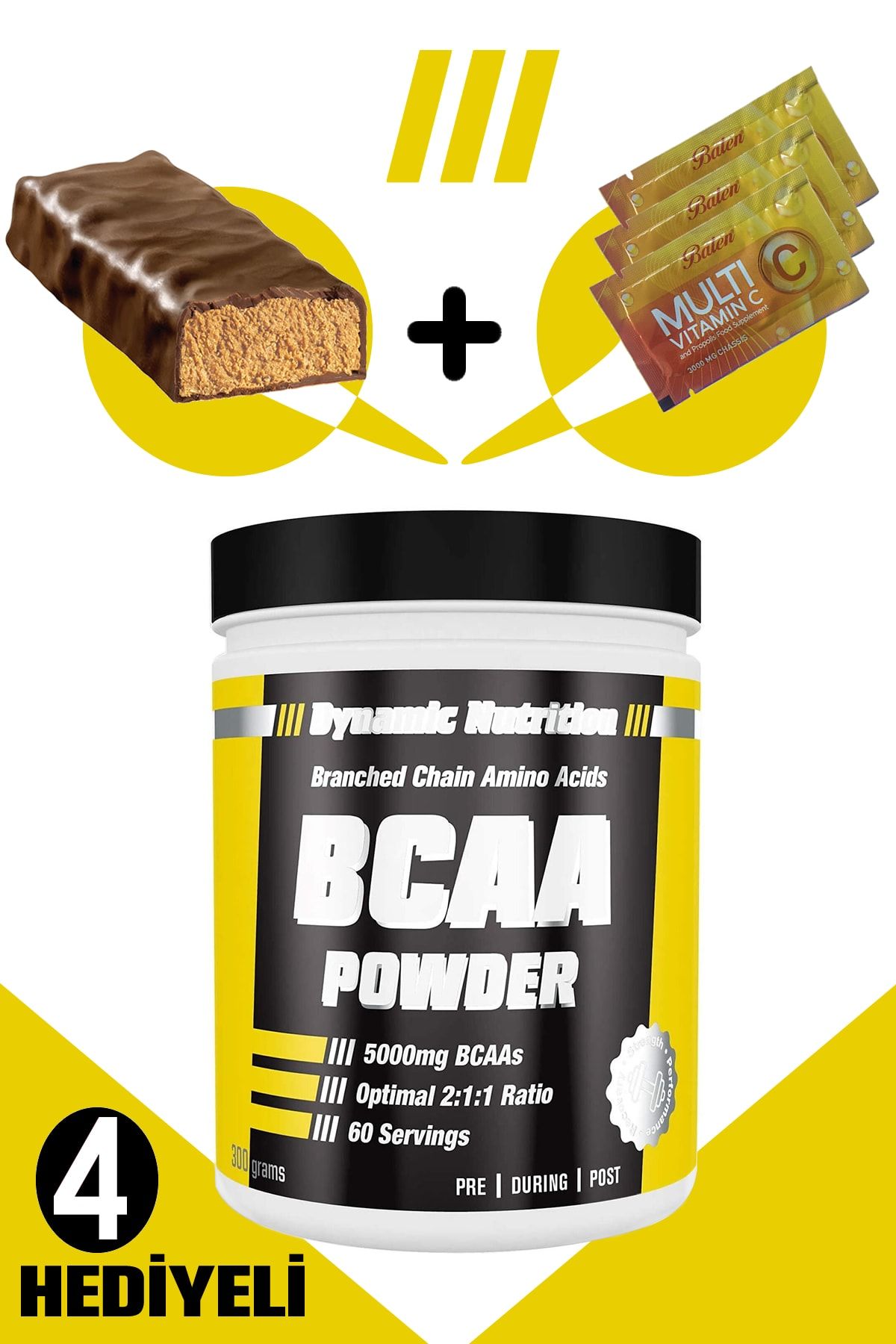 Dynamic Nutrition Dynamic Bcaa Pure 2:1:1 (saf-aromasız) 300 G - 60 Servis + 4 Hediyeli (protein Bar +3 Multi C Saşe)