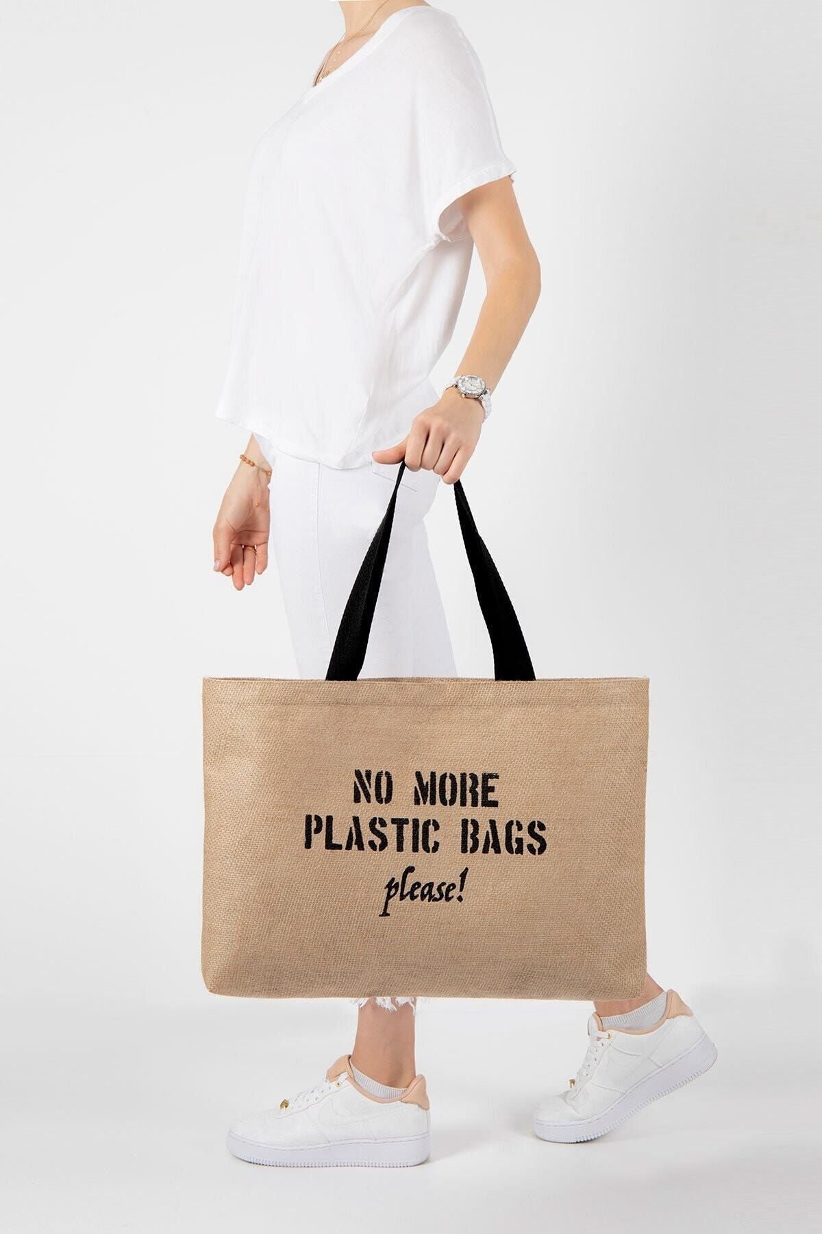 Ocean Home Textile No More Plastic Bags Baskılı Baskılı Jüt Plaj Alışveriş Omuz Kol Çantası 50x40x8