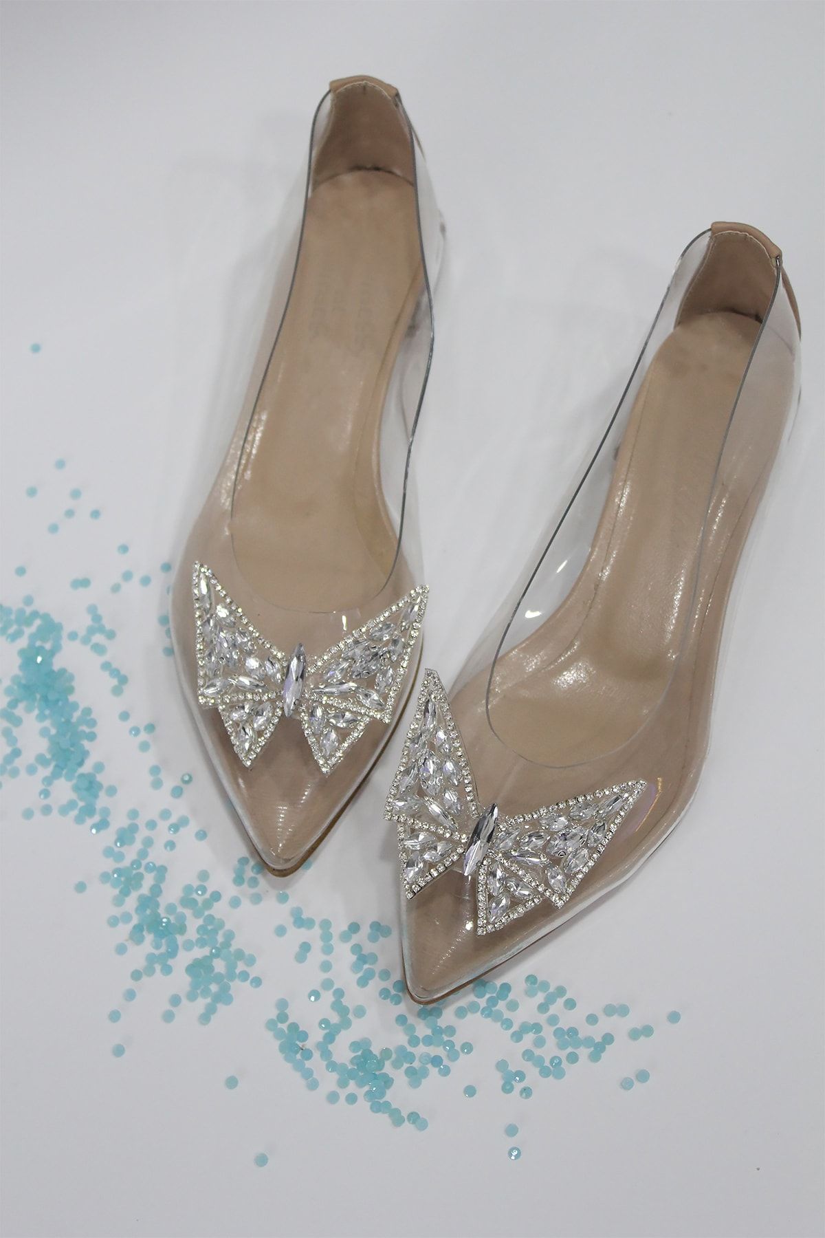 BirEylül Shoes Kadın Ten Rengi Kelebek Taş Detaylı Klasik Babet Abiye Ayakkabı
