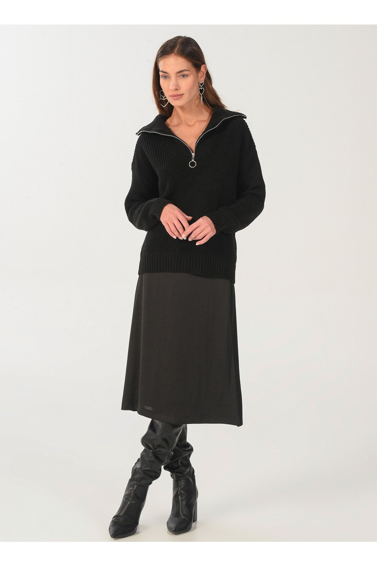 Ng Style Ngstyle Düz Yaka Düz Siyah Midi Kadın Elbise Ngaw22-e4