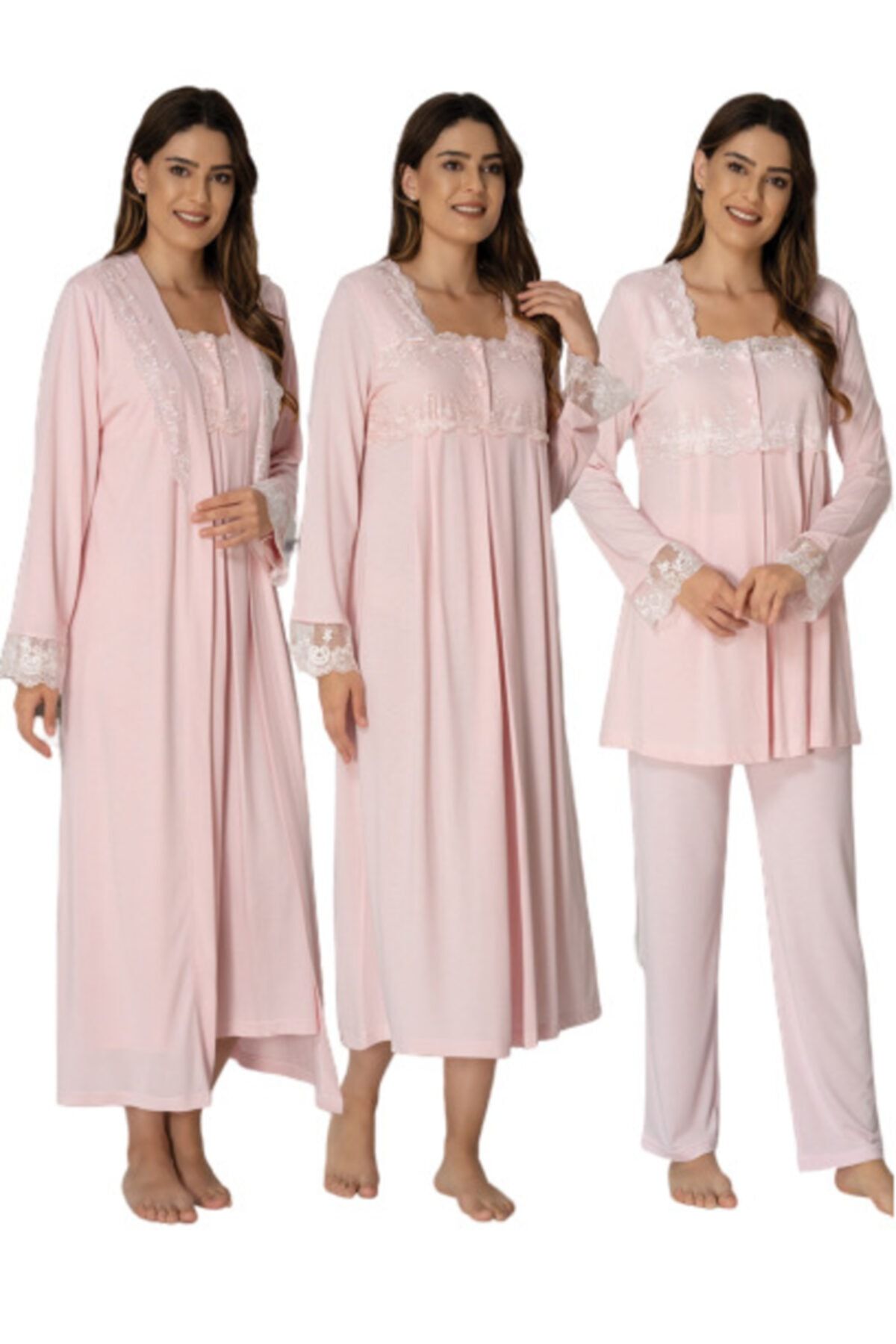 Effort Pijama Kadın Pembe Sabahlıklı Hamile Lohusa Pijama Gecelik Takım 2405