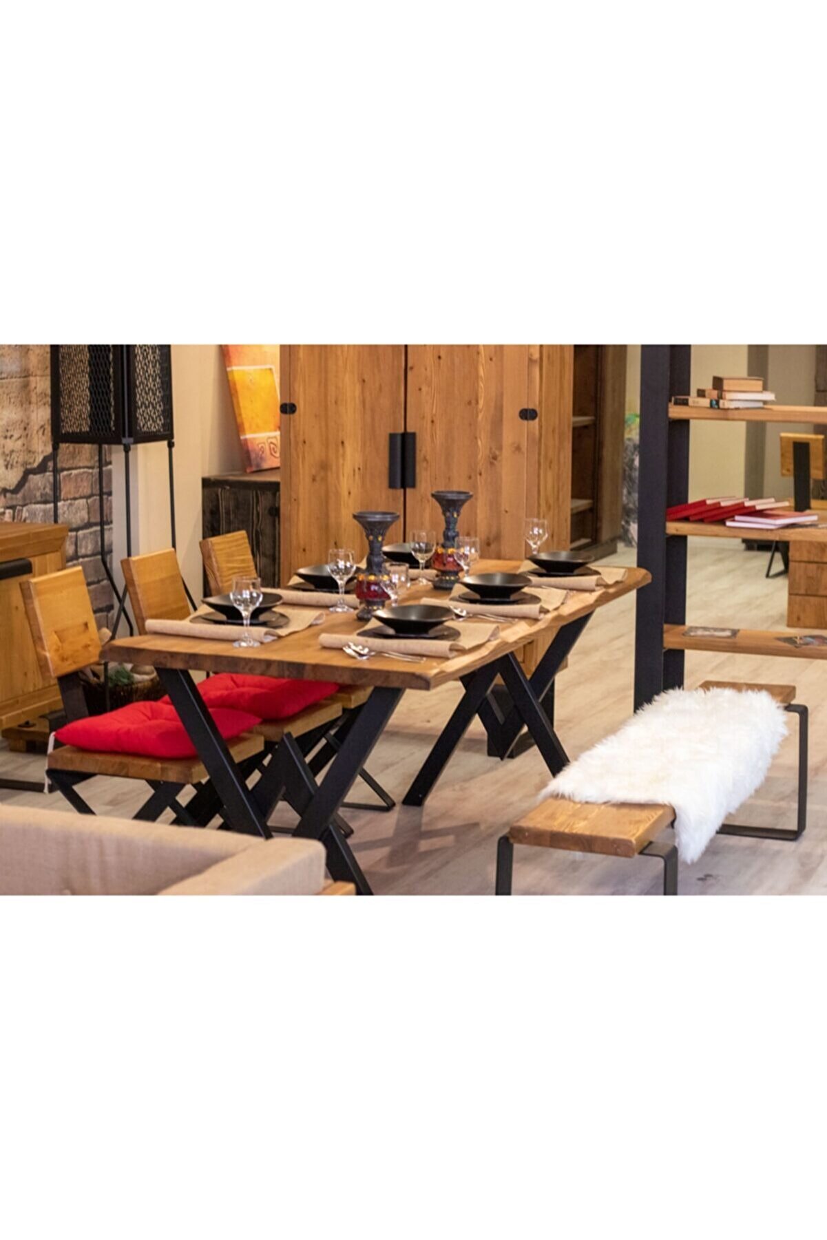 NT Concept Masif Ağaç Yemek Masası Takımı - 85 cm - 210 cm Masa + 210 cm Bank + 4 Adet Loft Sandalye
