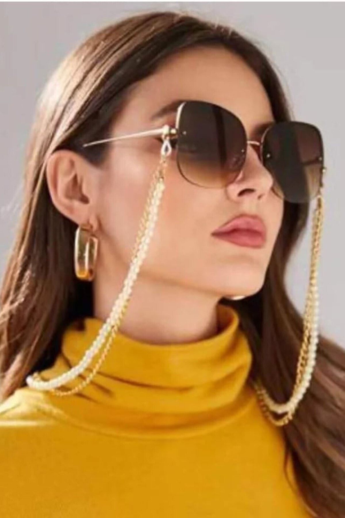 ESUSO 2li Inci Detaylı Gold Kaplama Kadın Gözlük Zinciri Tutucu 75 Cm