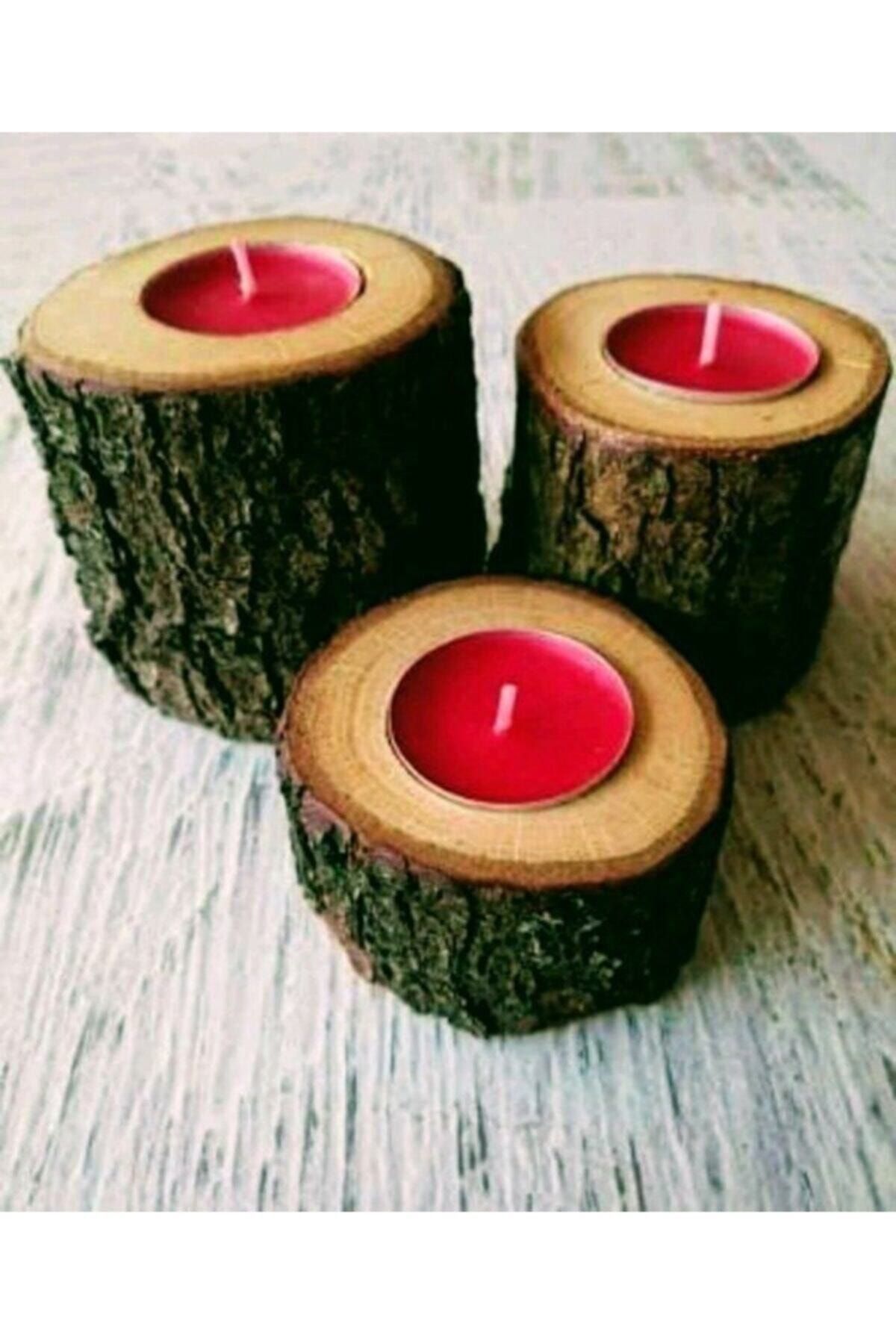 Universal Kütük Mumluk Odun Doğal Mumluk 3 Adet Kırmızı Mumlu