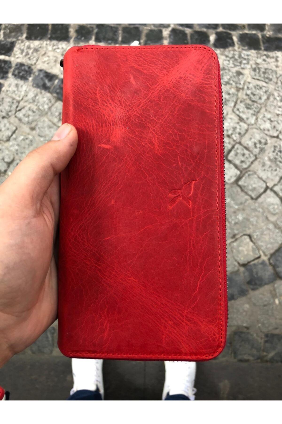 Karalı Deri Unisex Kırmızı  Hakiki Deri Telefon Bölmeli Kartlıklı Cüzdan El Portföyü