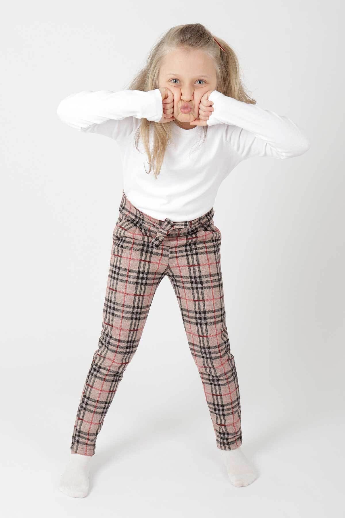 AHENGİM Kız Çocuk Ekoseli Kuşaklı Trend Pantolon Ak2201