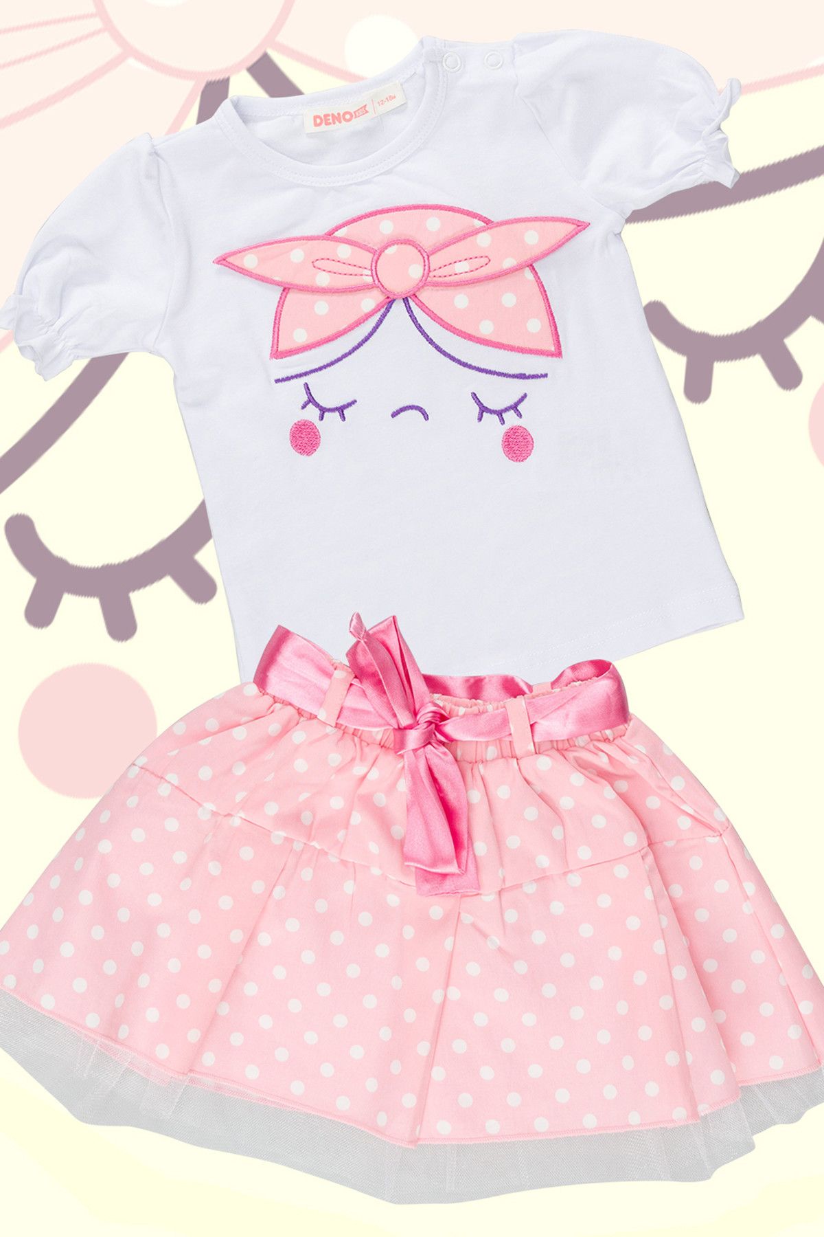 Denokids Kız Bebek Pembe Puanlı Etek+T-Shirt Takım DB-18Y1-038