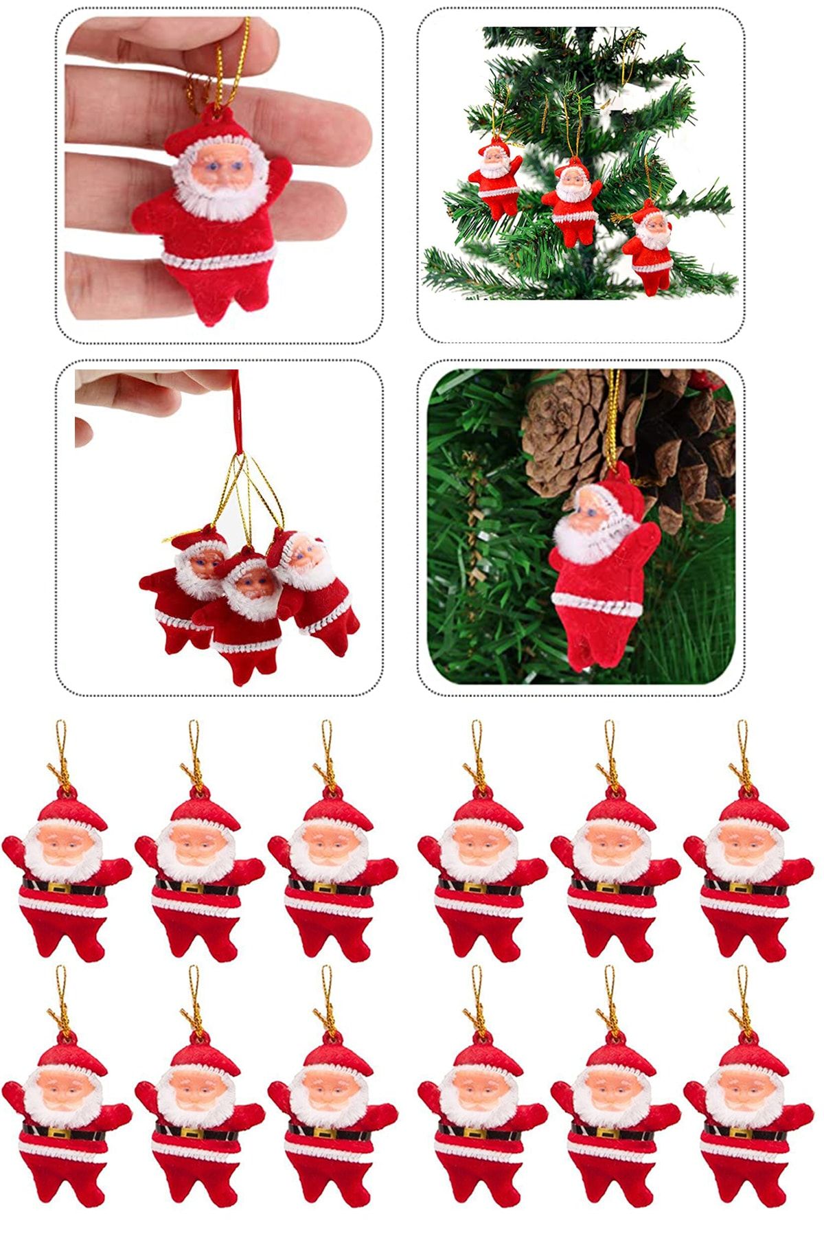 Parti Dolabı 12 Li Noel Baba Figürlü Yılbaşı Çam Ağacı Süs Seti Noel Adam Yeni Yıl Ipli Ağaç Süsü