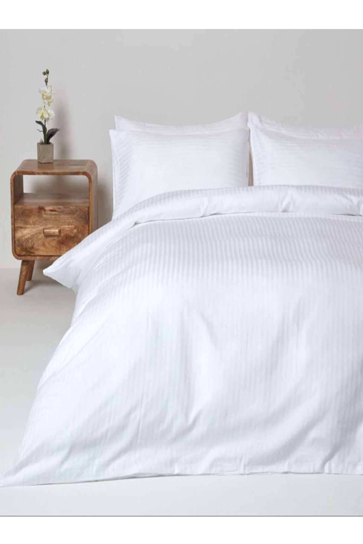 Tekstil Home Lüx Otel Serisi Beyaz Çizgili Pamuk Saten Nevresim Takımı Çift Kişilik Çeyizlik 160x200 Lastikli