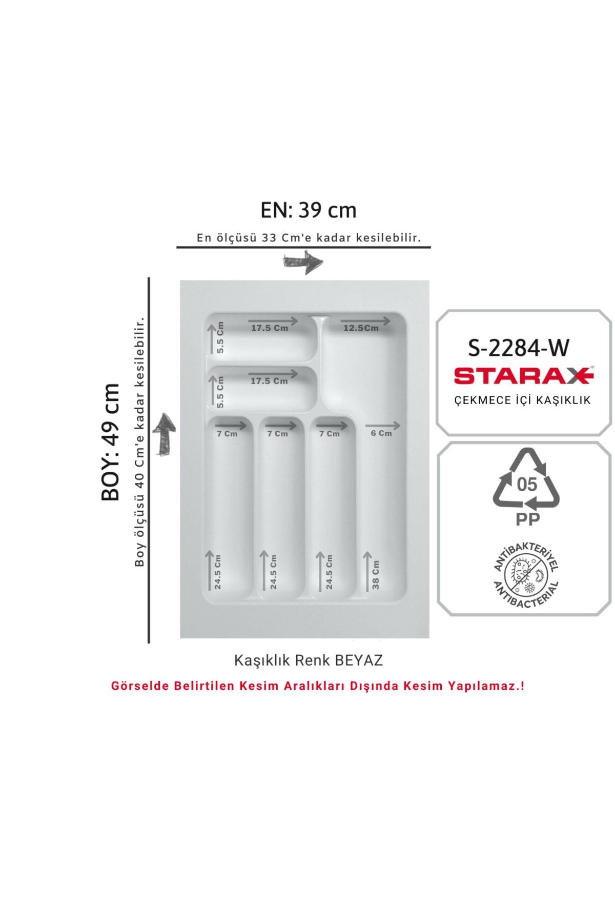 Starax S-2284-w Çekmece Içi Plastik Kaşıklık Beyaz En:39-33 D:49-40 Cm Arası Kesilir 6 Göz