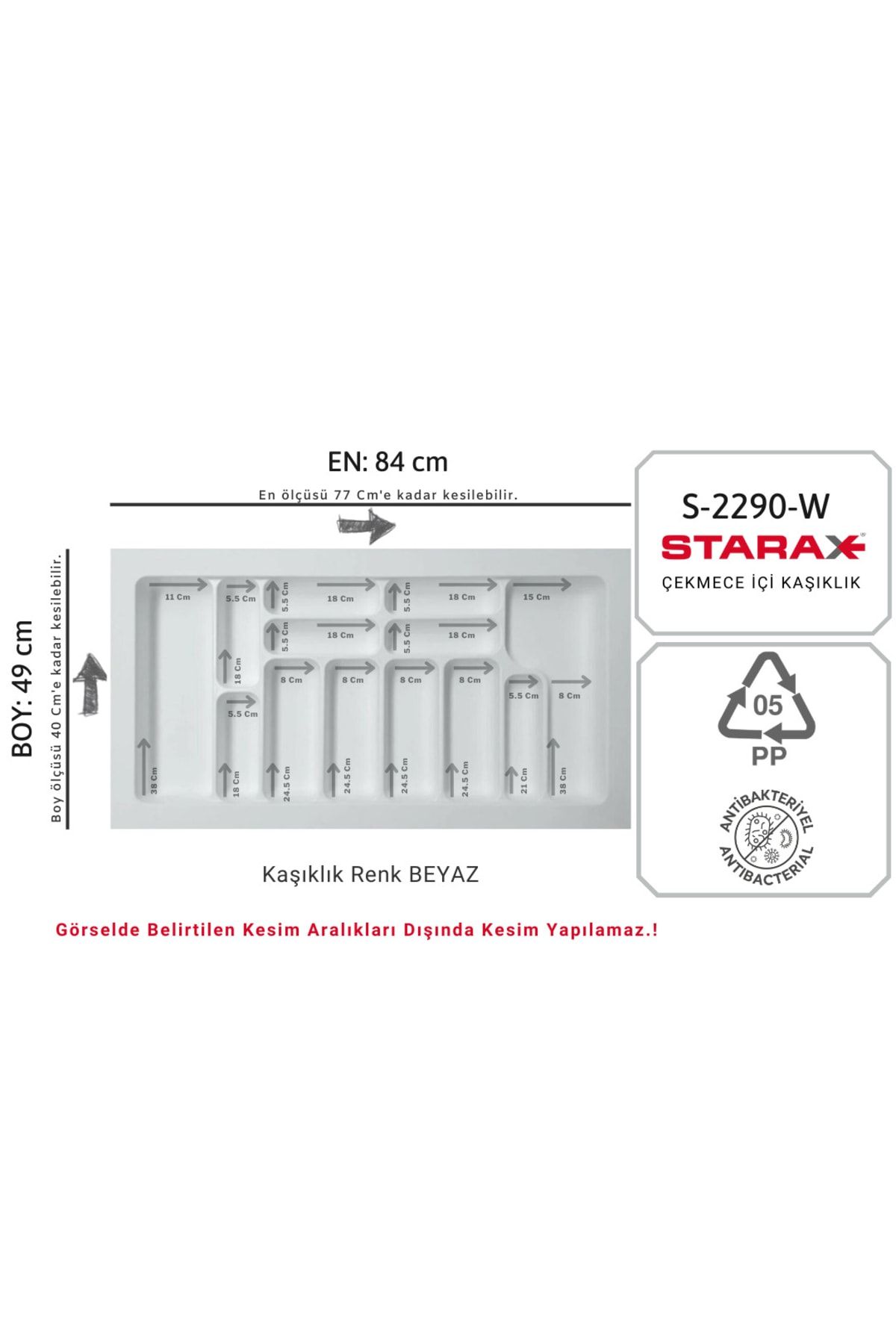 Starax S-2290-w Çekmece Içi Plastik Kaşıklık Beyaz En:84-77 D:49-40 Cm Arası Kesilir 13 Göz